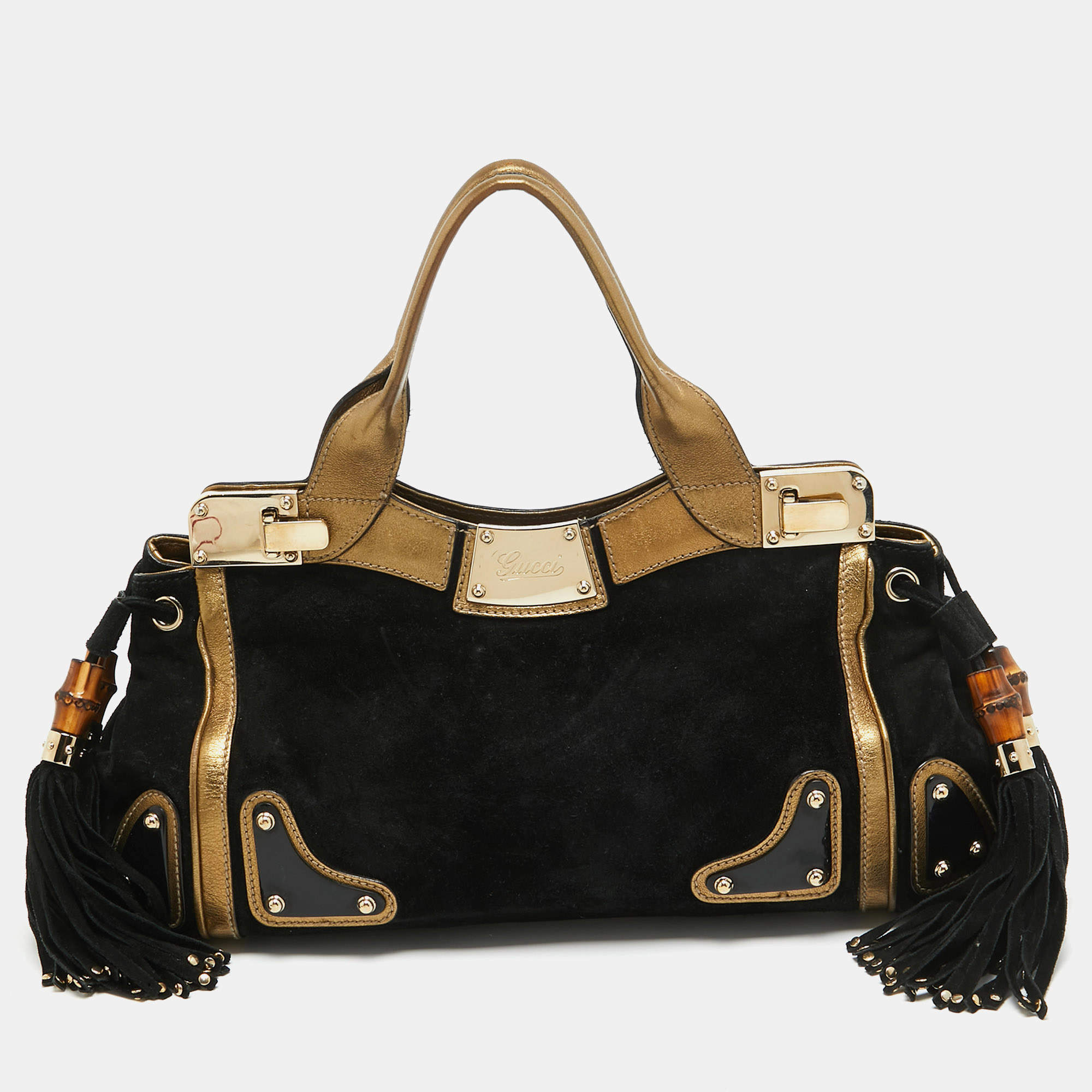 مملوكة مسبقًا Gucci Black/Gold Leather and Suede Tassel Race Bag