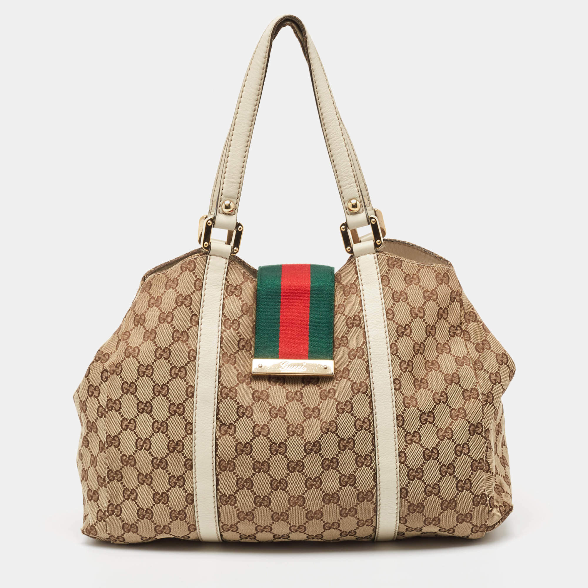 Pre Owned Gucci Beige/White GG Canvas and Leather Large New Ladies Web Hobo