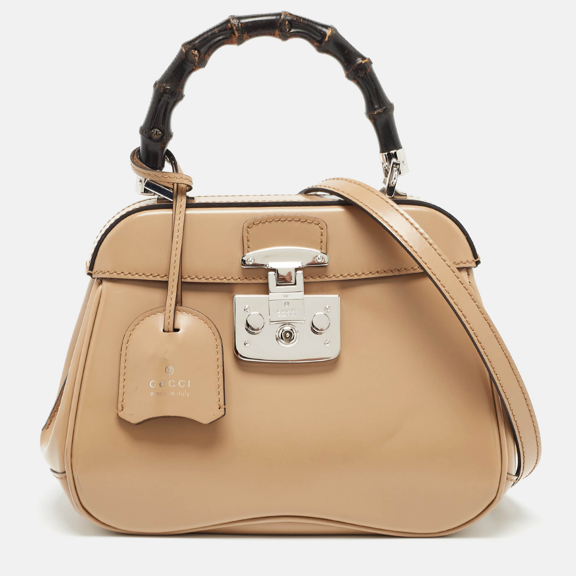 Pre Owned Gucci Beige Glossy Leather Mini Lady Lock Bamboo Top Handle Bag