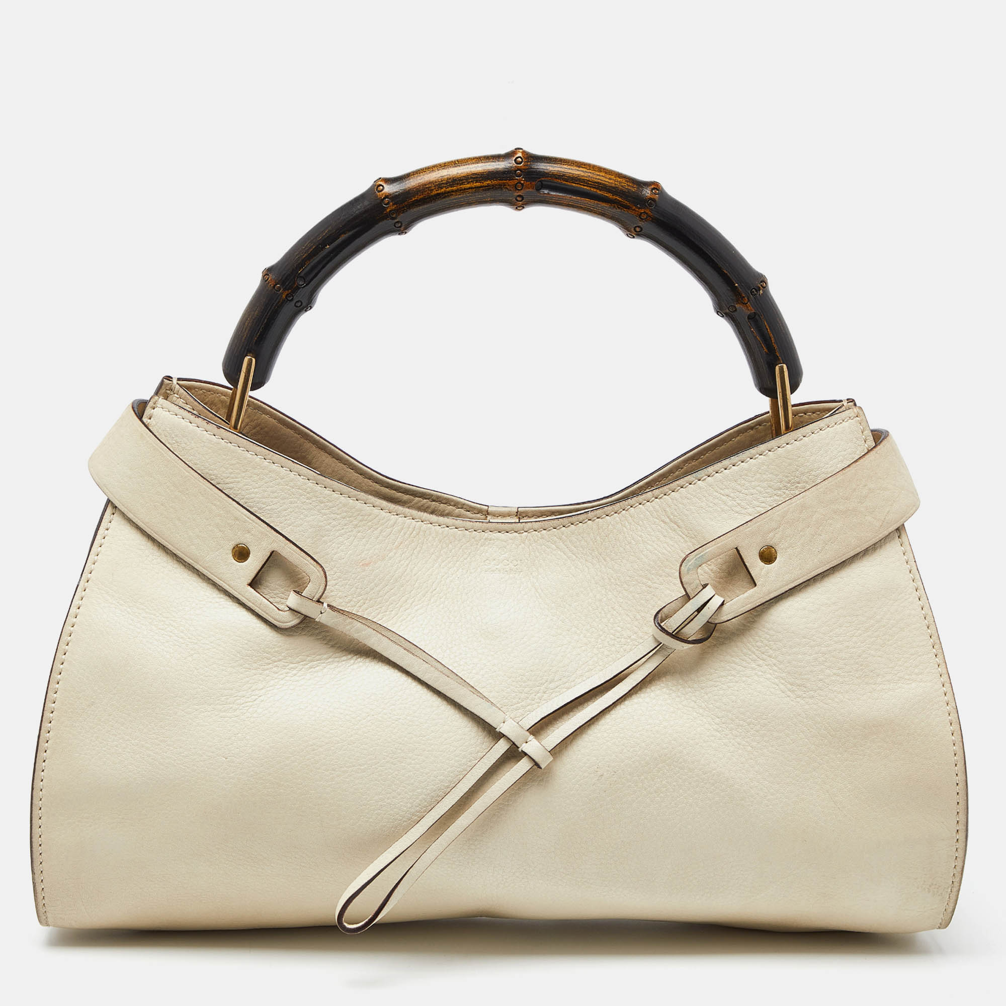 Pre Owned Gucci Cream Leather Bamboo Top Handle Bag