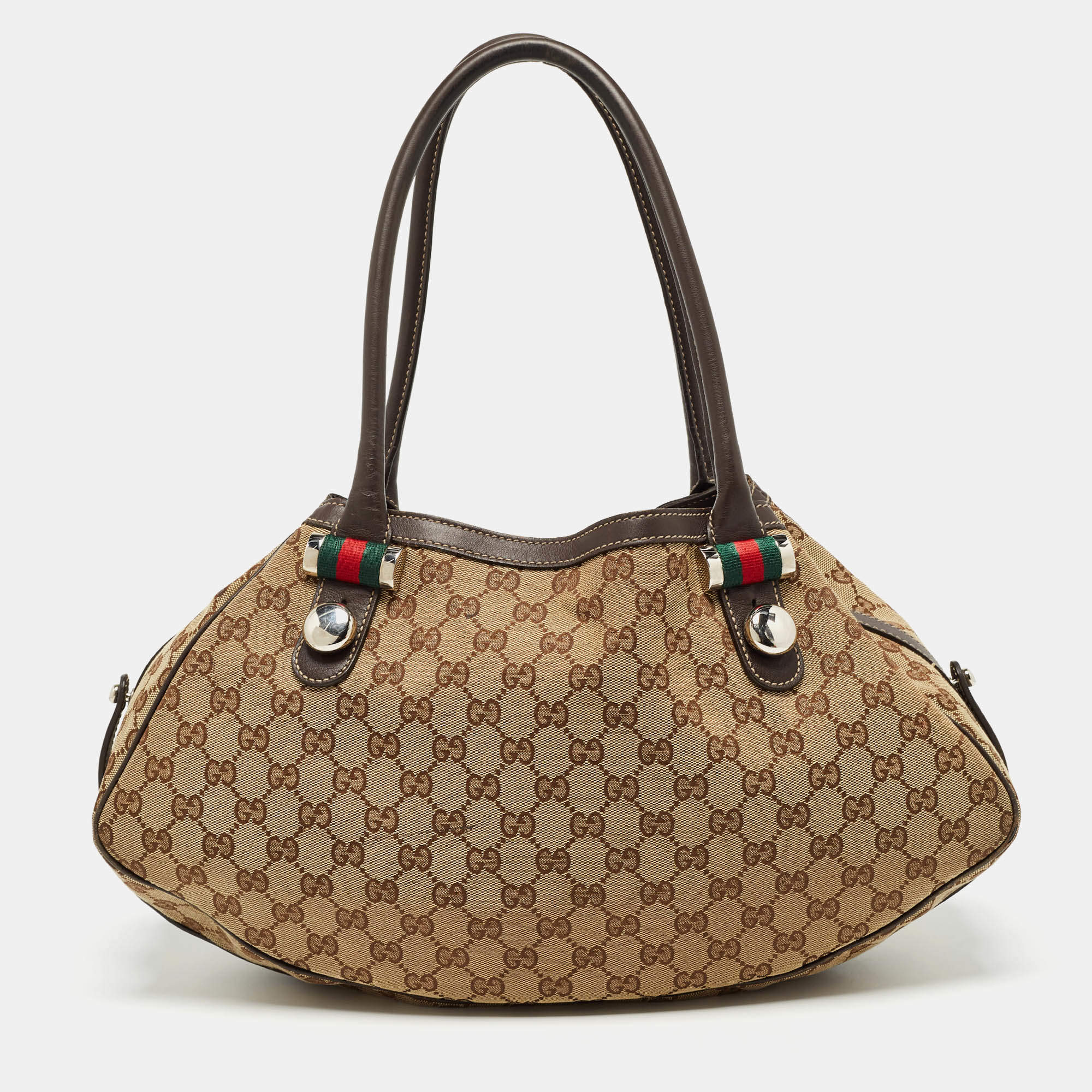Pre Owned Gucci Brown/Beige GG Canvas and Leather Match Ball Hobo