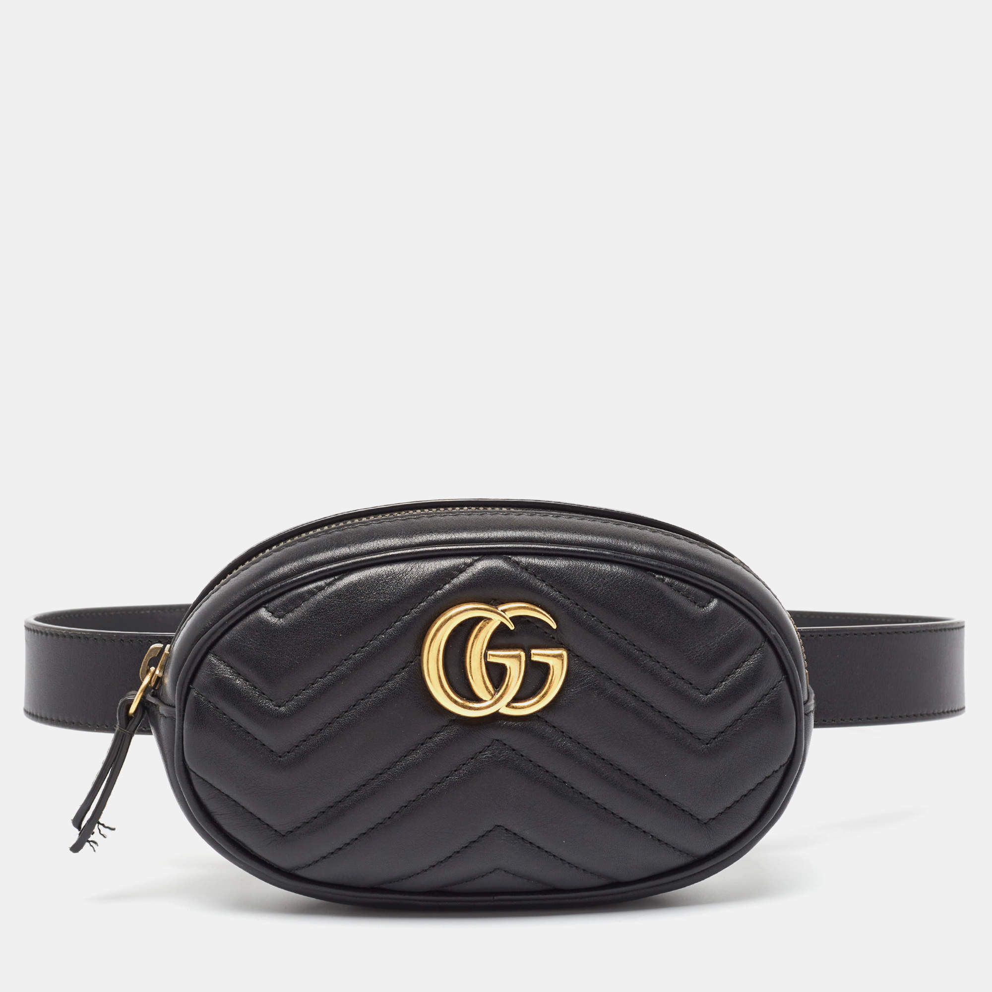 Gucci Black Matelassé Leather Mini GG Marmont Belt Bag