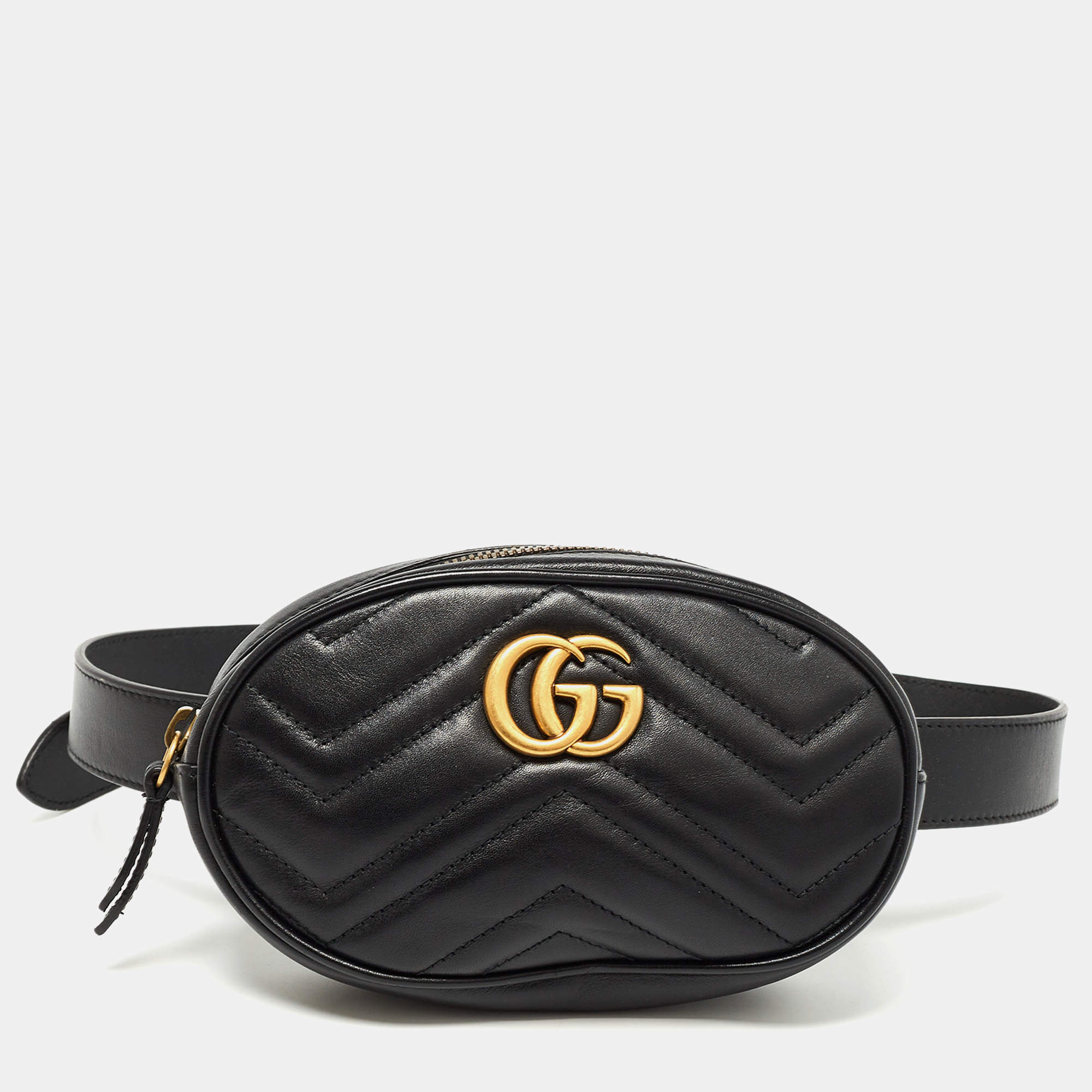 Pre Owned Gucci Black Matelassé Leather GG Marmont Belt Bag