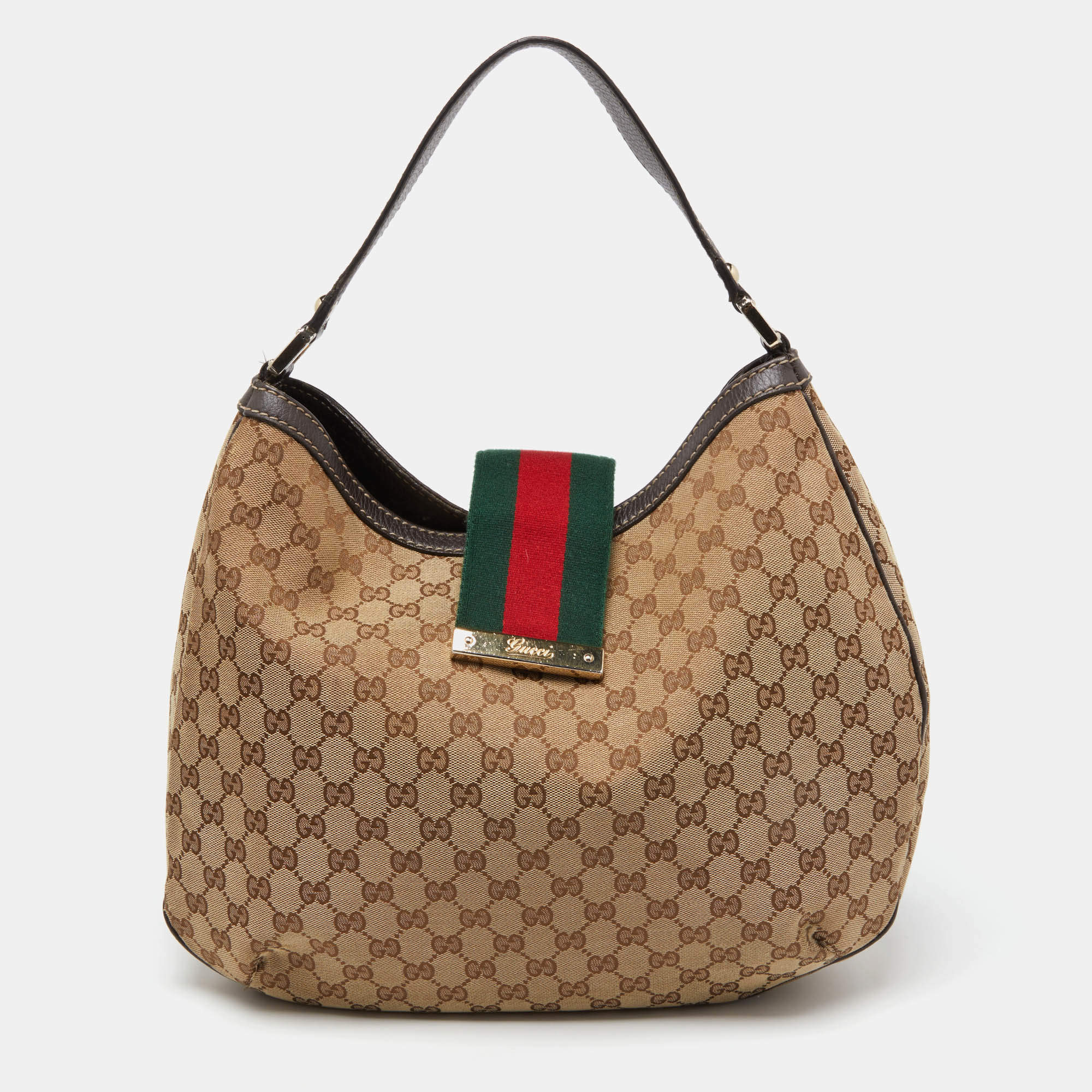 Pre Owned Gucci Beige/Brown GG Canvas and Leather New Ladies Web Hobo