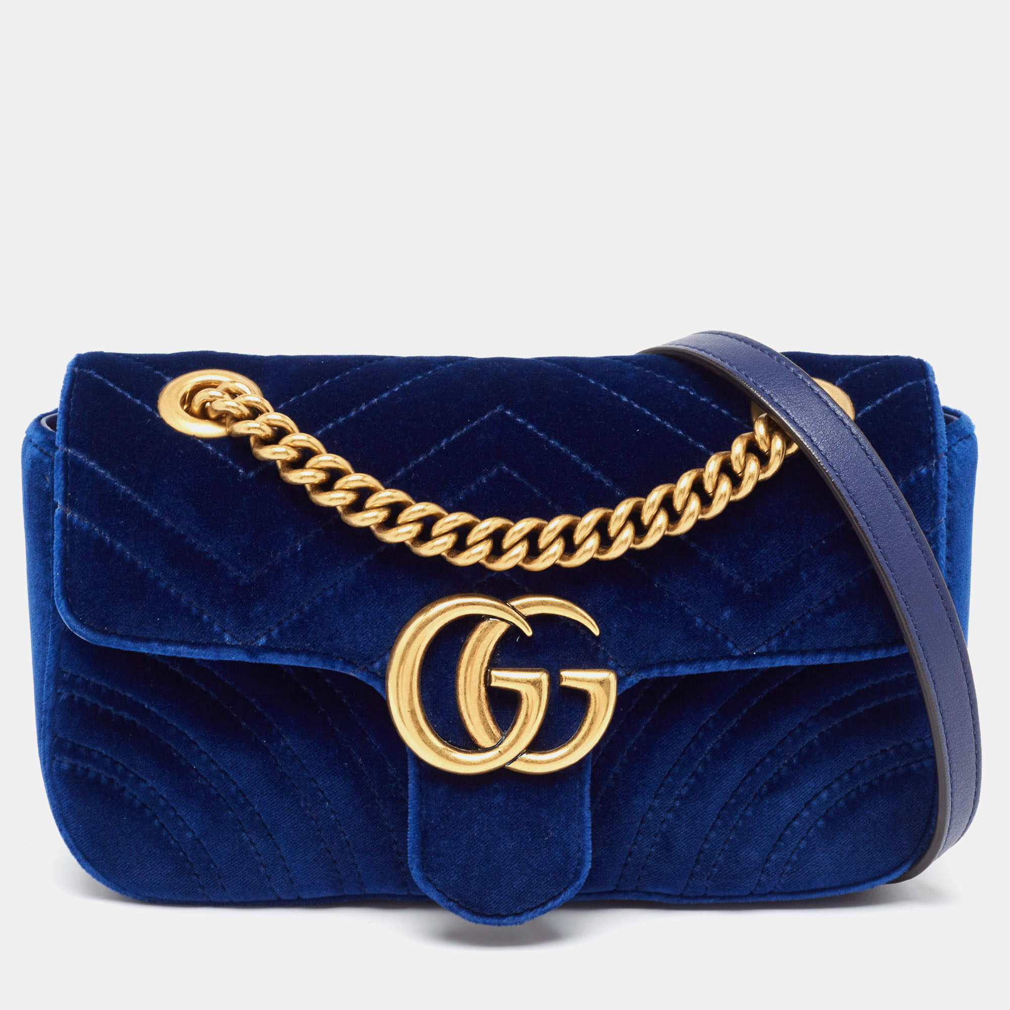 مملوكة مسبقًا Gucci Blue Matelasse Velvet Mini GG Marmont Shoulder Bag