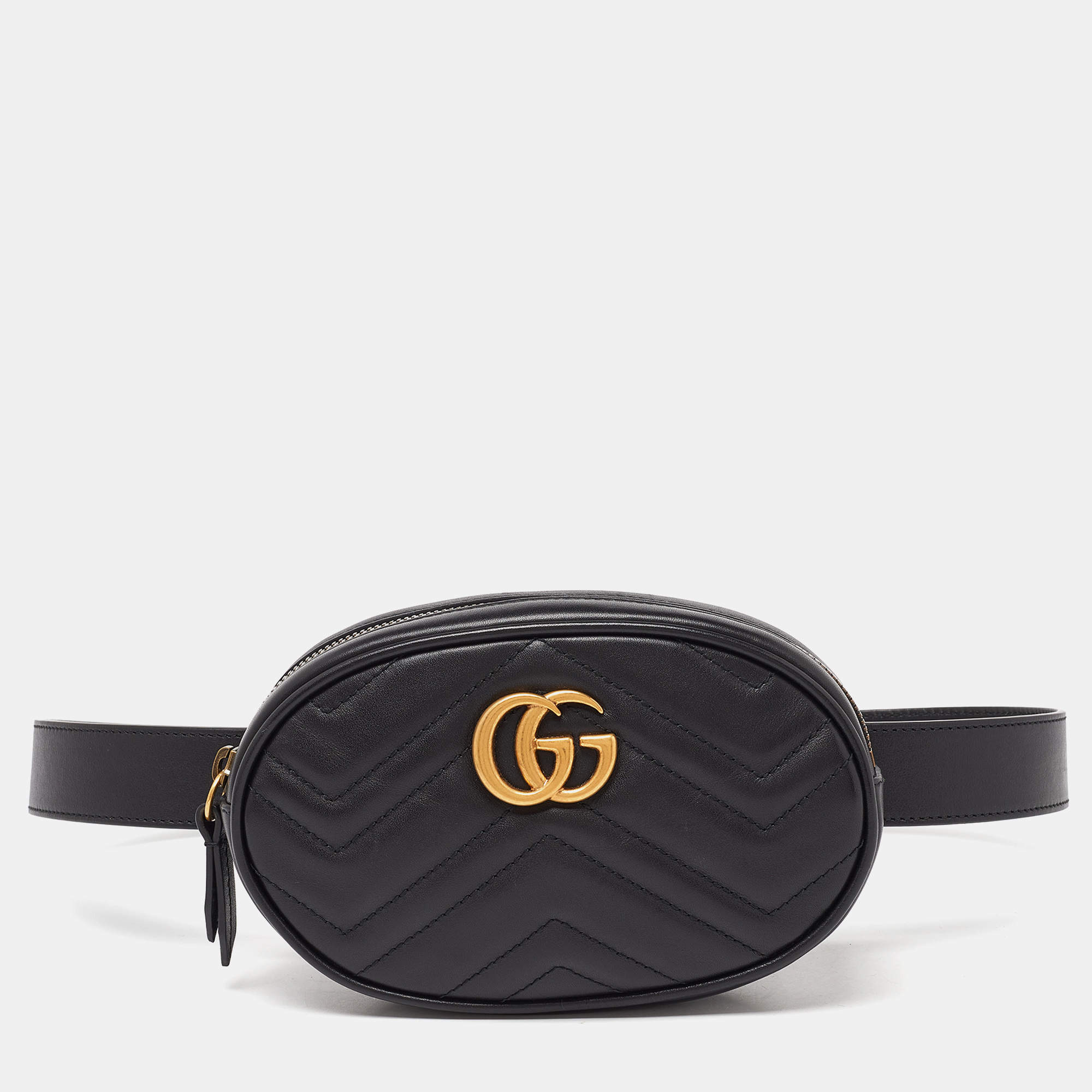 Pre Owned Gucci Black Matelassé Leather GG Marmont Belt Bag