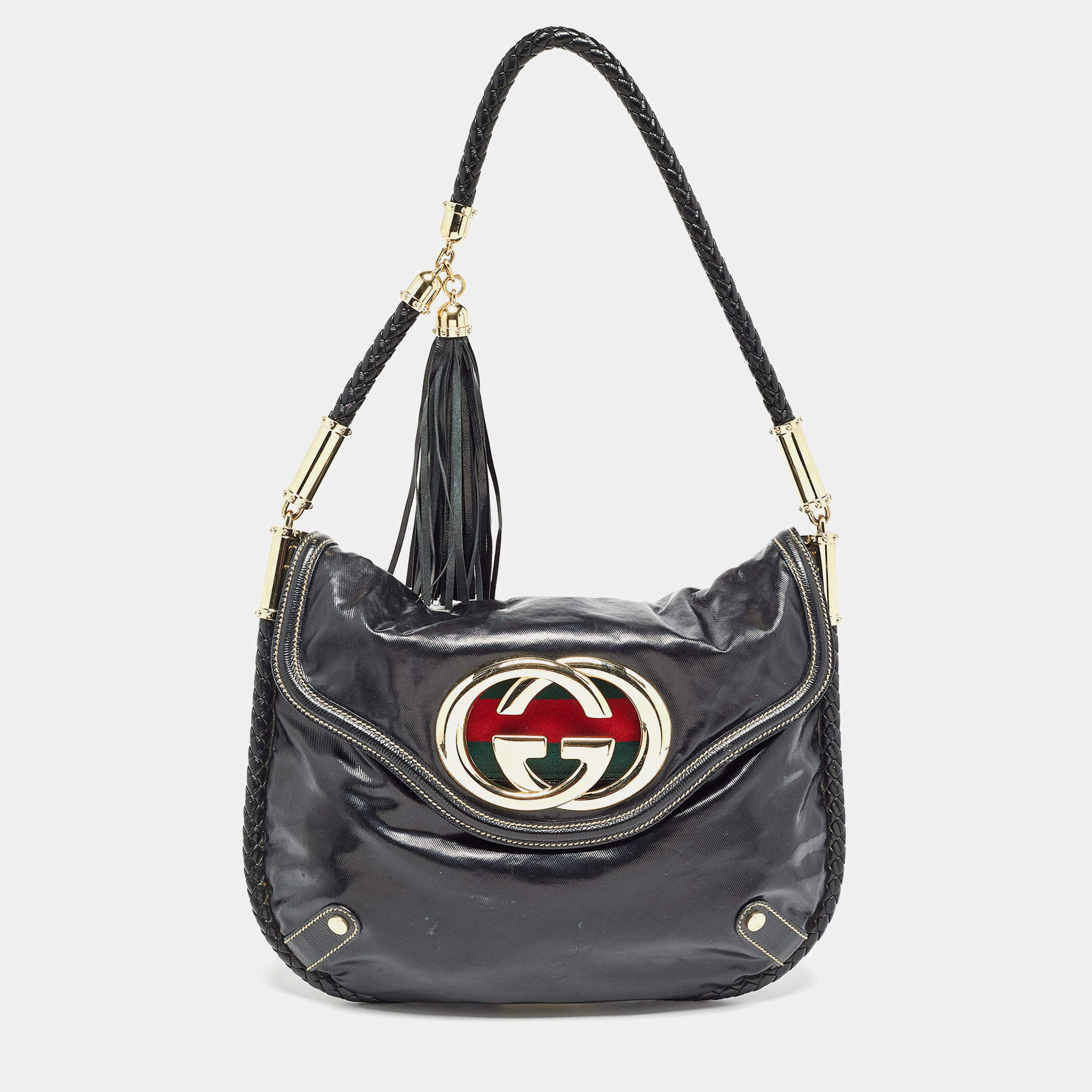 Pre Owned Gucci Black Coated Canvas and Leather Britt Tassel Hobo