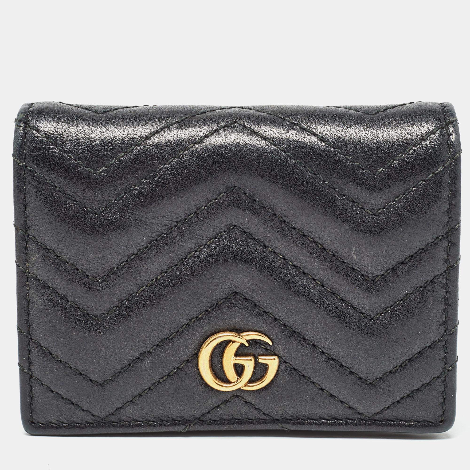 Pre Owned Gucci Black Matelassé Leather GG Marmont Card Case