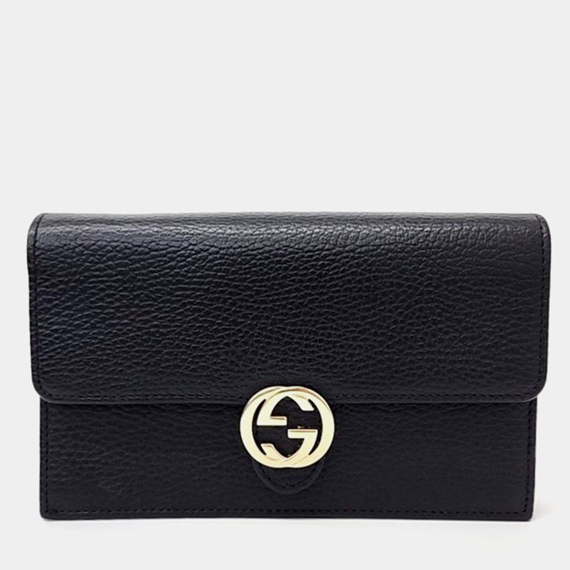 Gucci Black Leather Interlocking G Chain Crossbody Bag