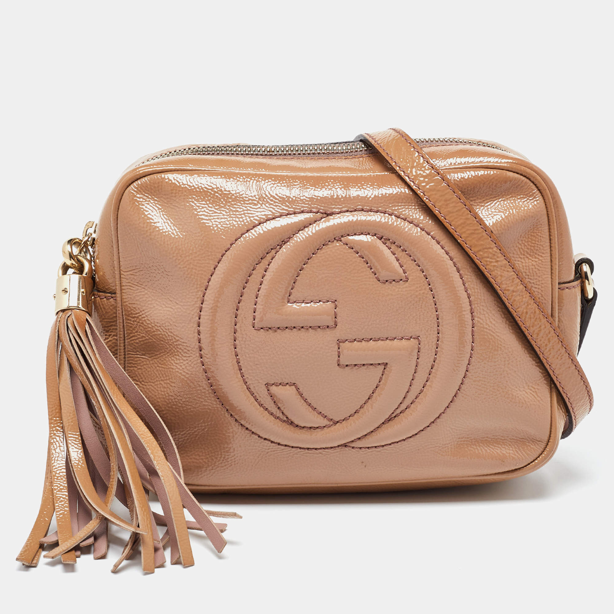 Pre Owned Gucci Beige Patent Leather Small Soho Disco Crossbody Bag