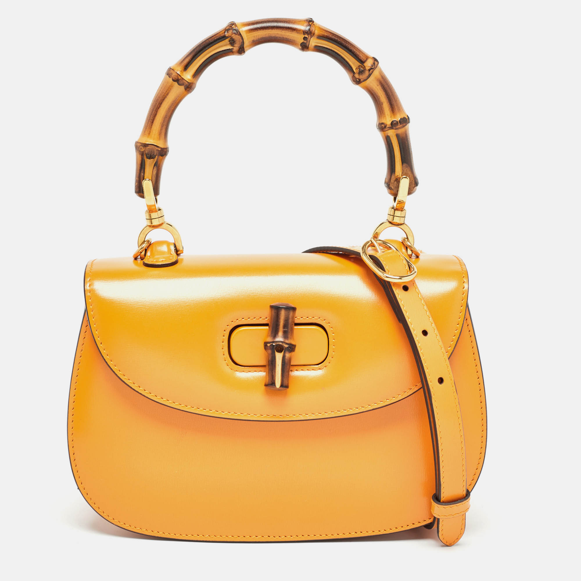 Pre Owned Gucci Tan Glazed Leather Small Bamboo 1947 Top Handle Bag
