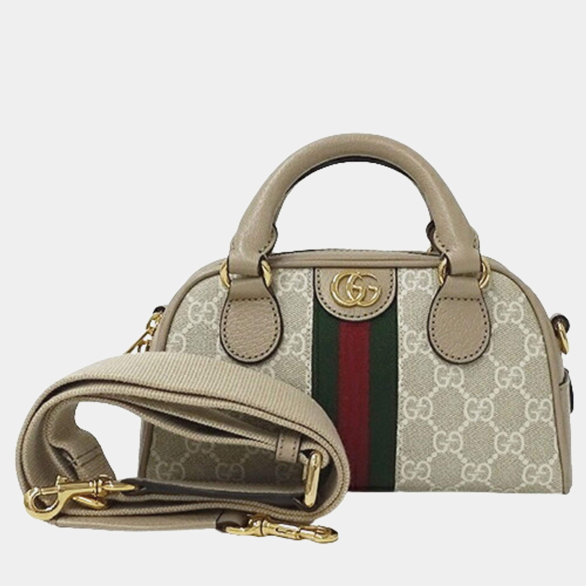 Gucci Beige GG Canvas and Leather Mini Ophidia Top Handle Bag