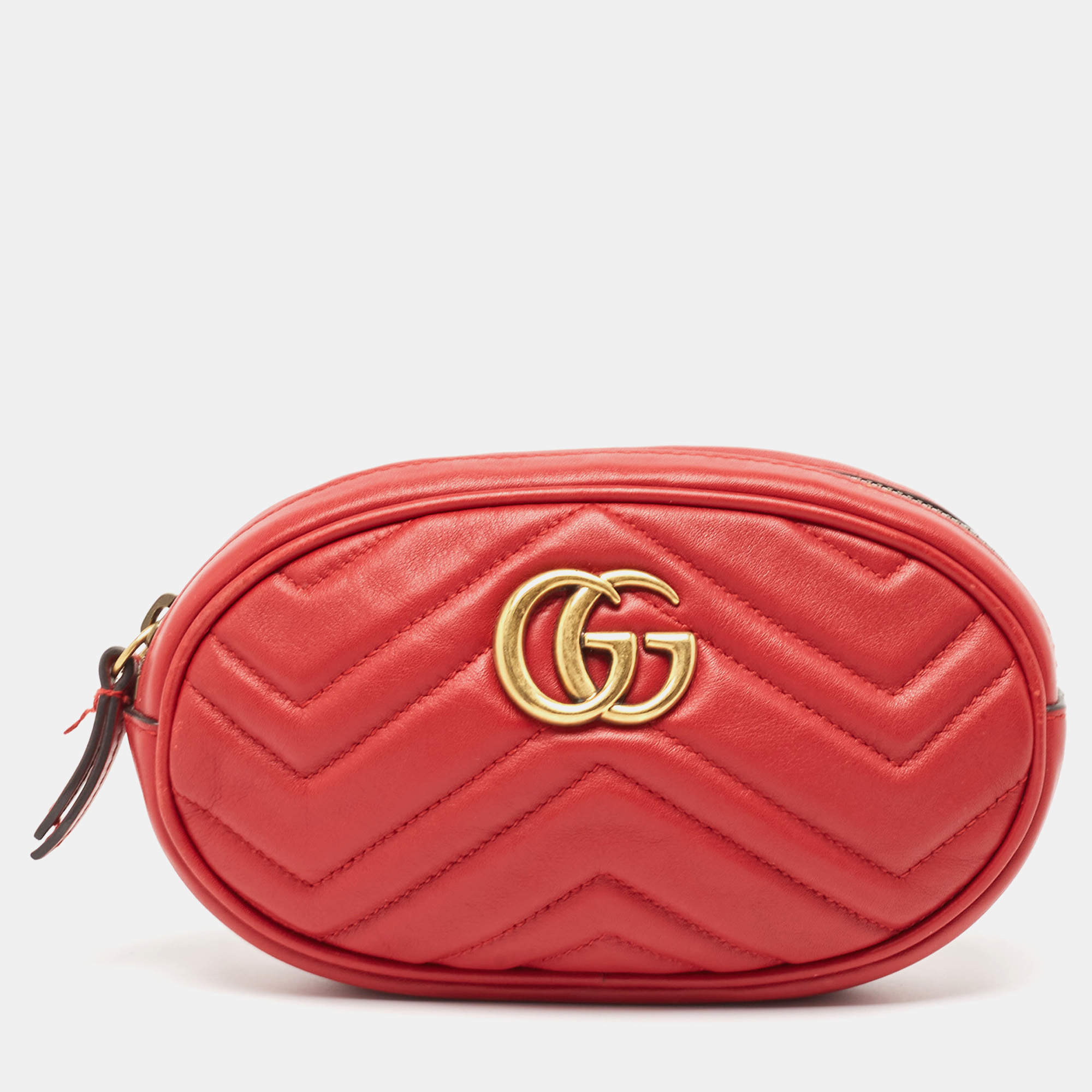 Gucci Red Matelassé Leather Mini GG Marmont Belt Bag