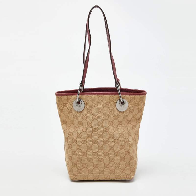 Pre Owned Gucci Beige/Red GG Canvas and Leather Open Tote