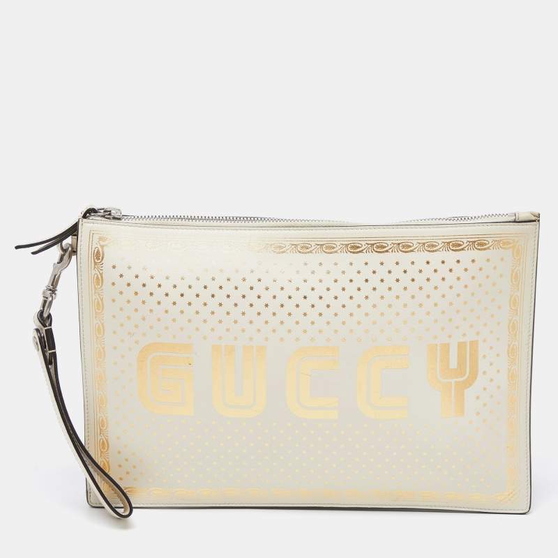 Pre Owned Gucci Off-White Leather "Guccy" Zip Wristlet  Pouch