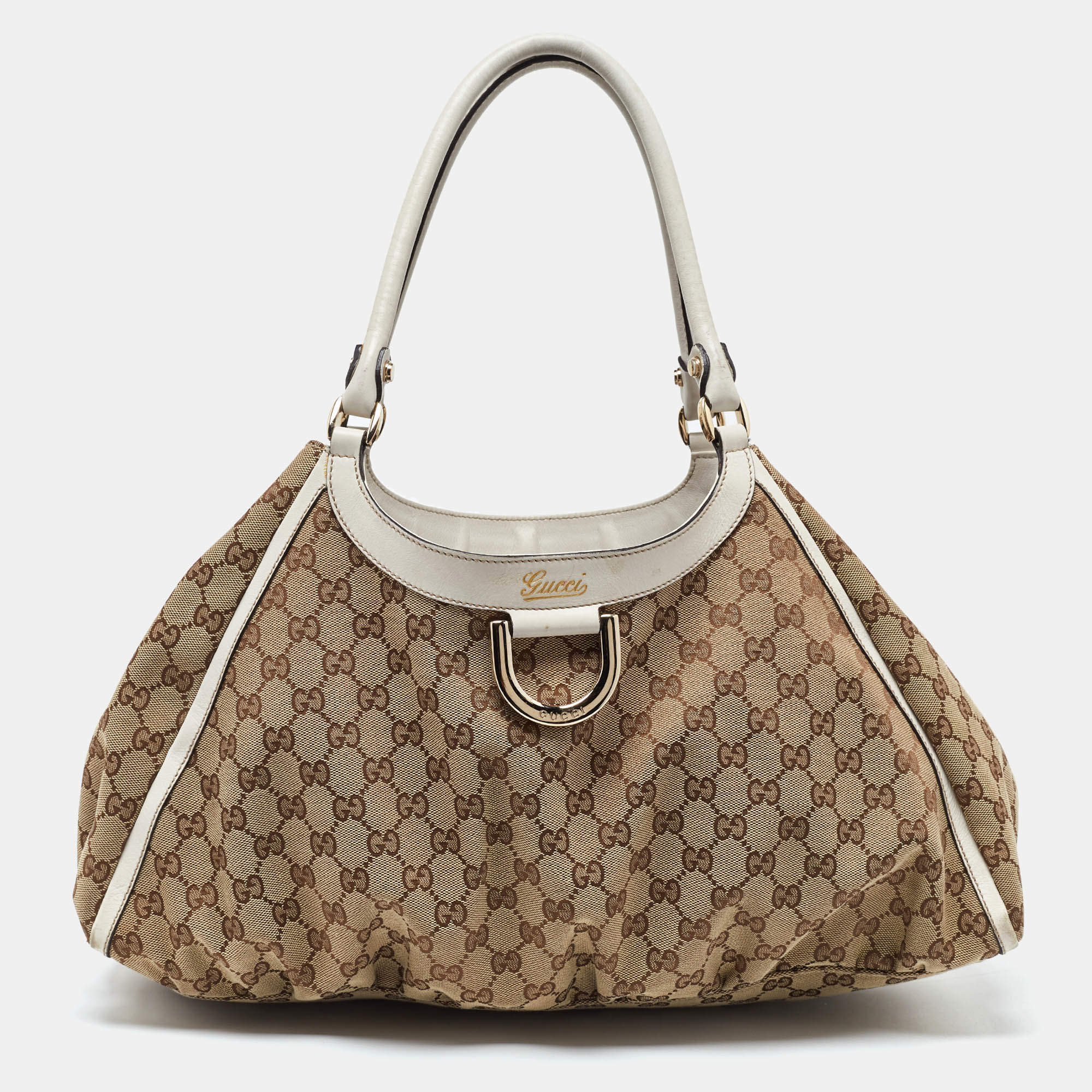 Pre Owned Gucci Beige/White GG Canvas and Leather Large Abbey D Ring Shoulder Bag
