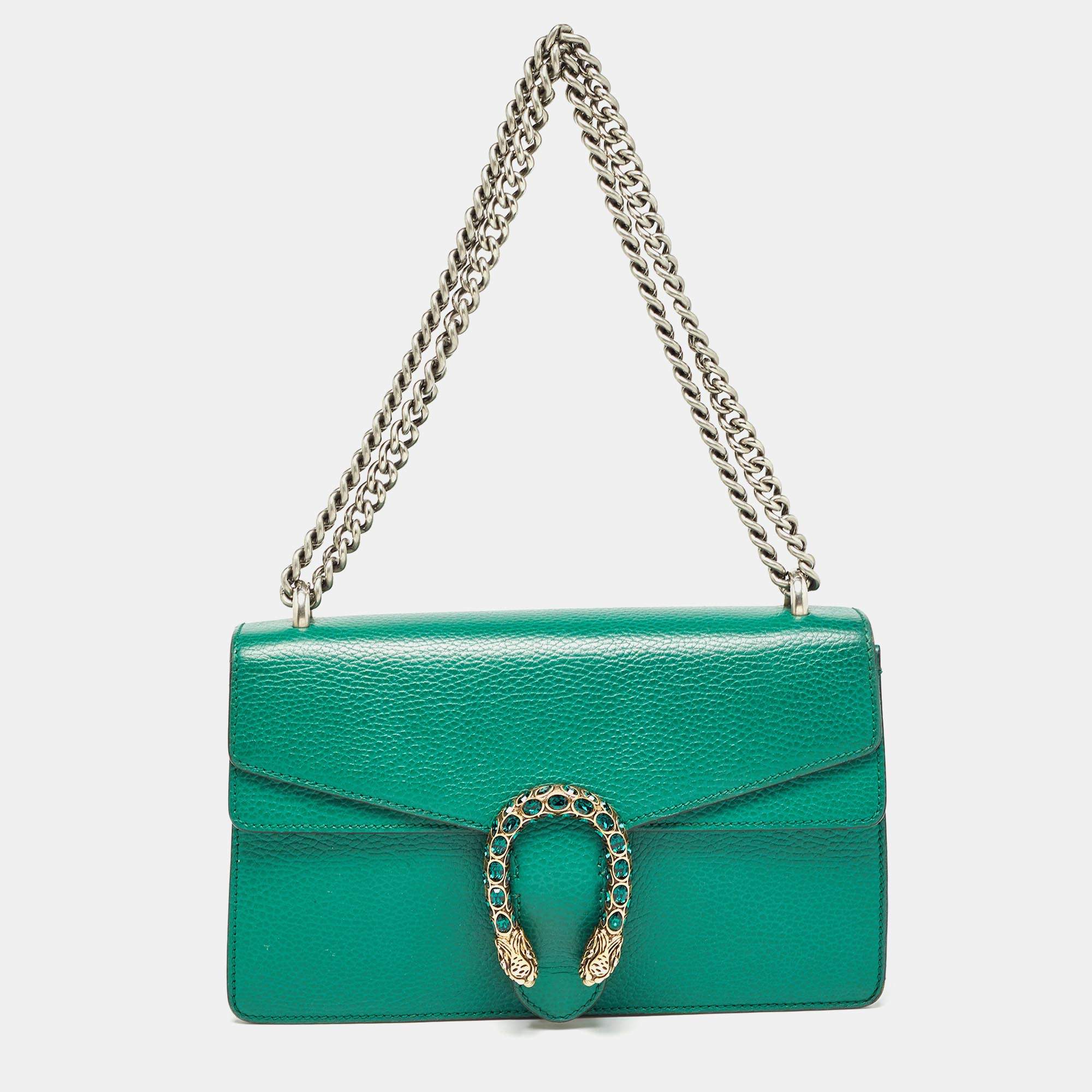 مملوكة مسبقًا Gucci Green Leather Small Dionysus Crystals Shoulder Bag