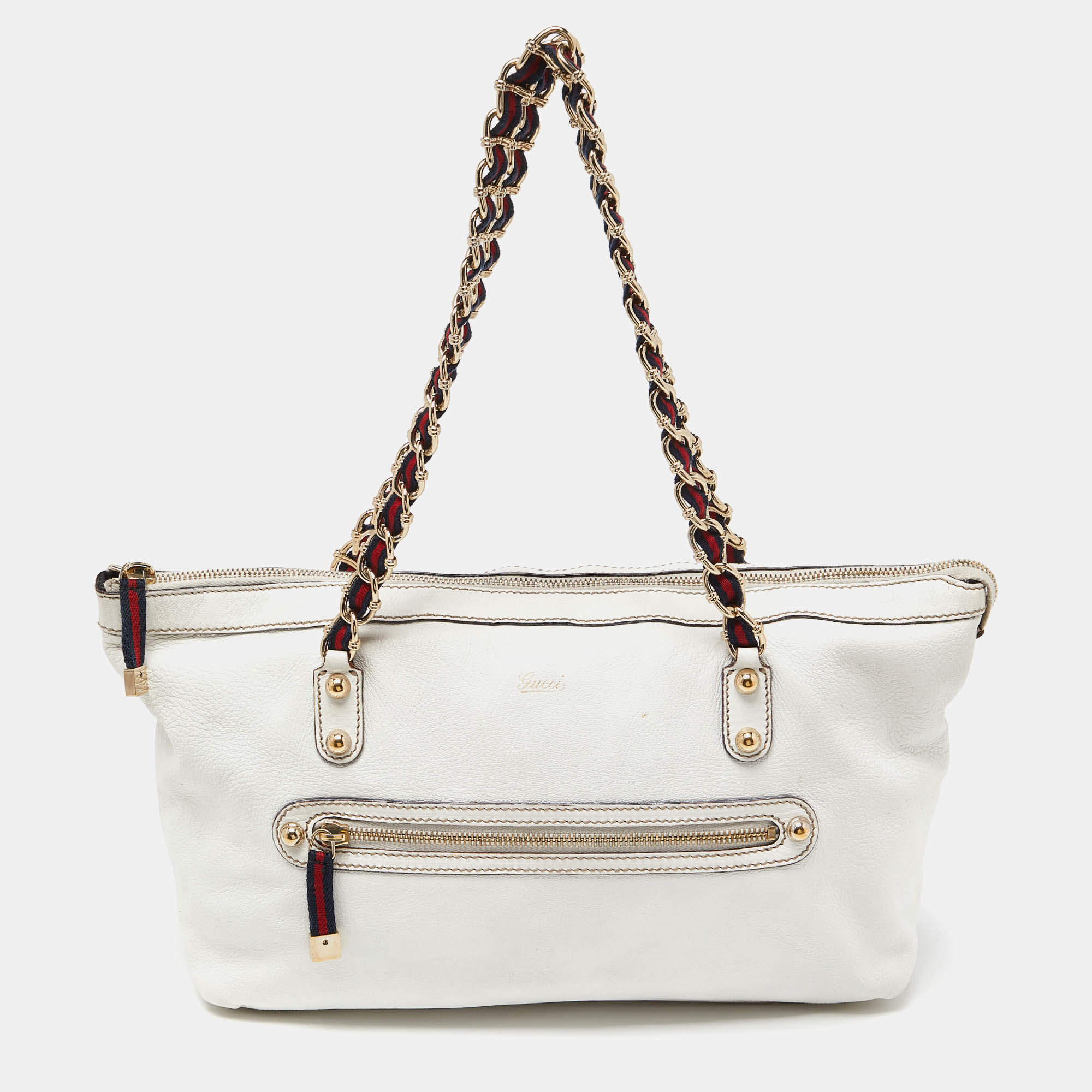 Gucci White Leather Front Zip Chain Tote