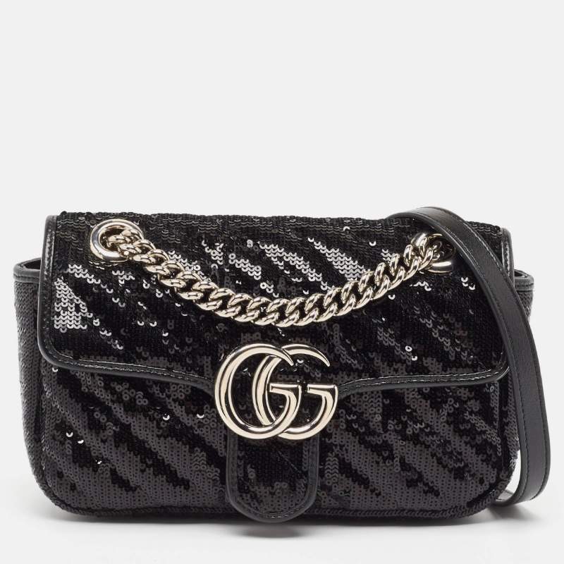 مملوكة مسبقًا Gucci Black Diagonal Sequins and Leather Mini GG Marmont Shoulder Bag