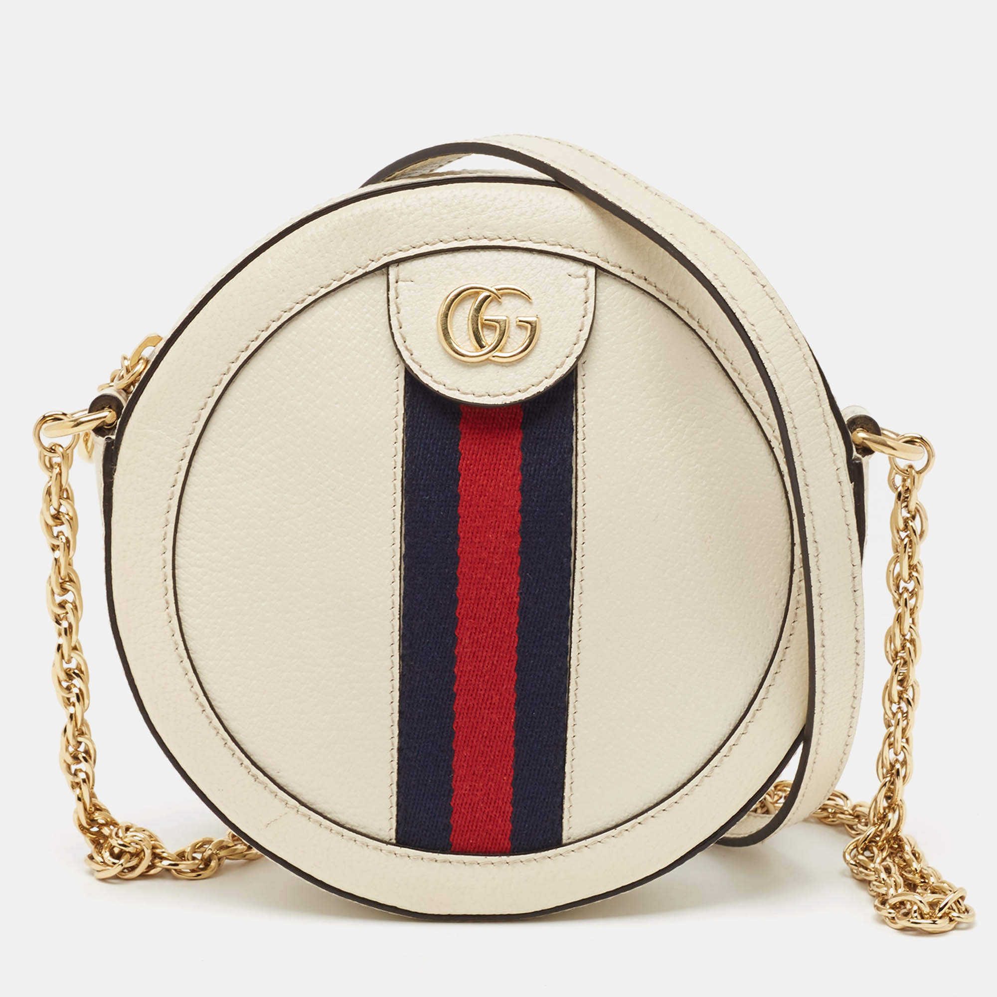 Pre Owned Gucci Off White Leather Mini Ophidia Round Shoulder Bag