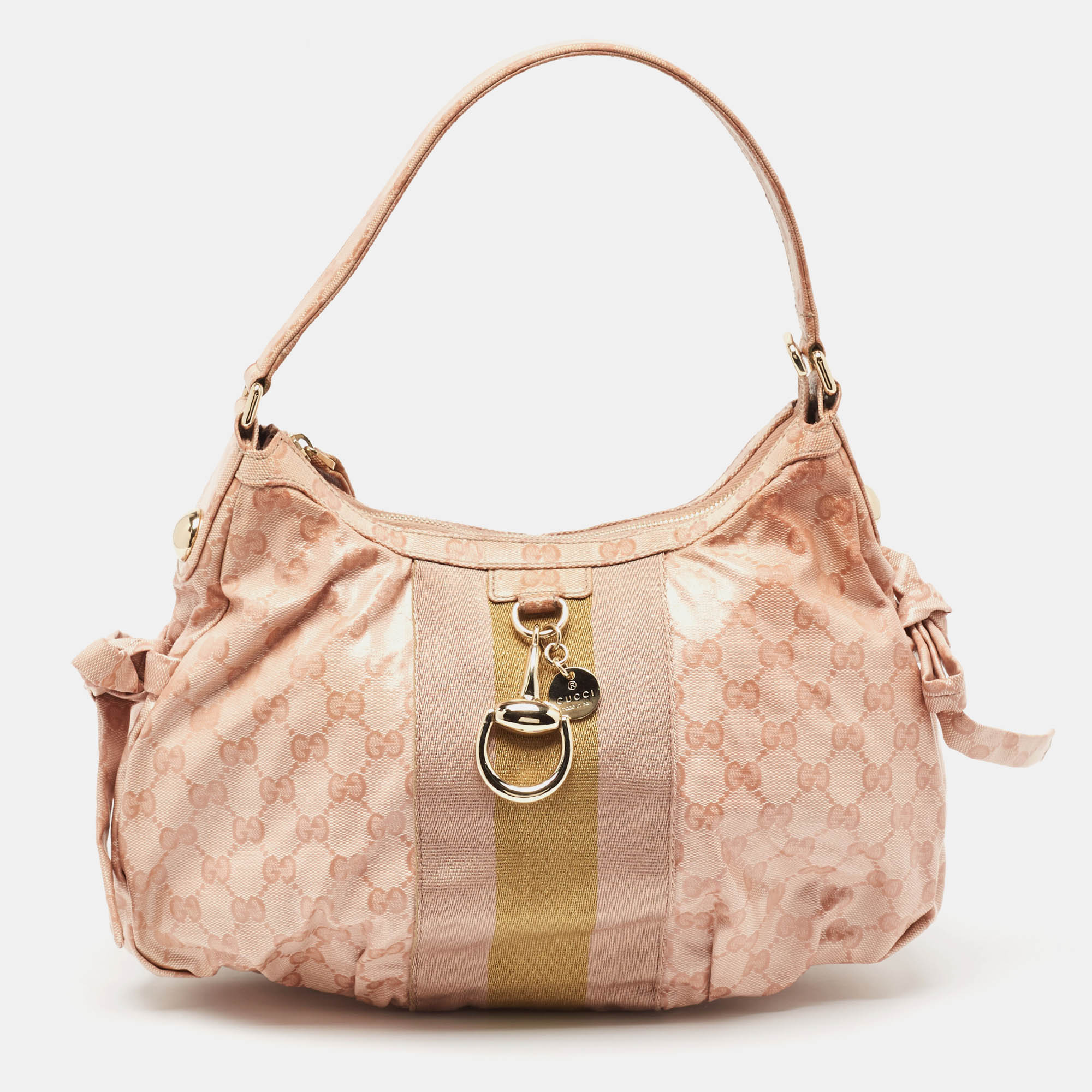  مملوكة مسبقًا Gucci Pink GG Crystals Canvas Horsebit Charm Web Hobo