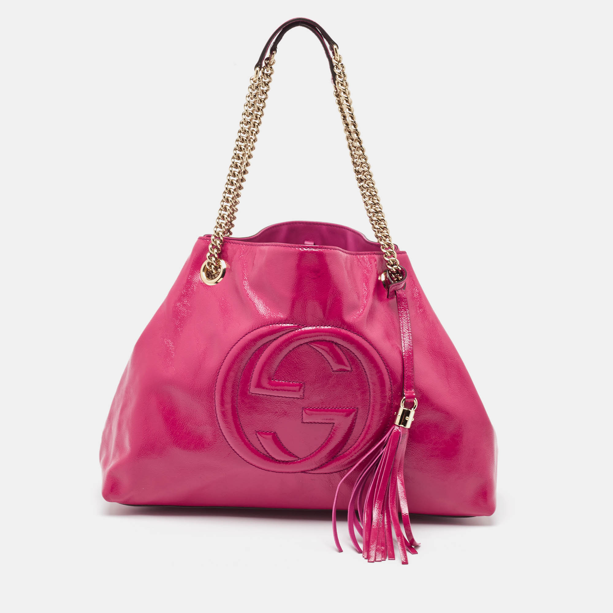 Pre Owned Gucci Magenta Patent Leather Medium Soho Chain Tote