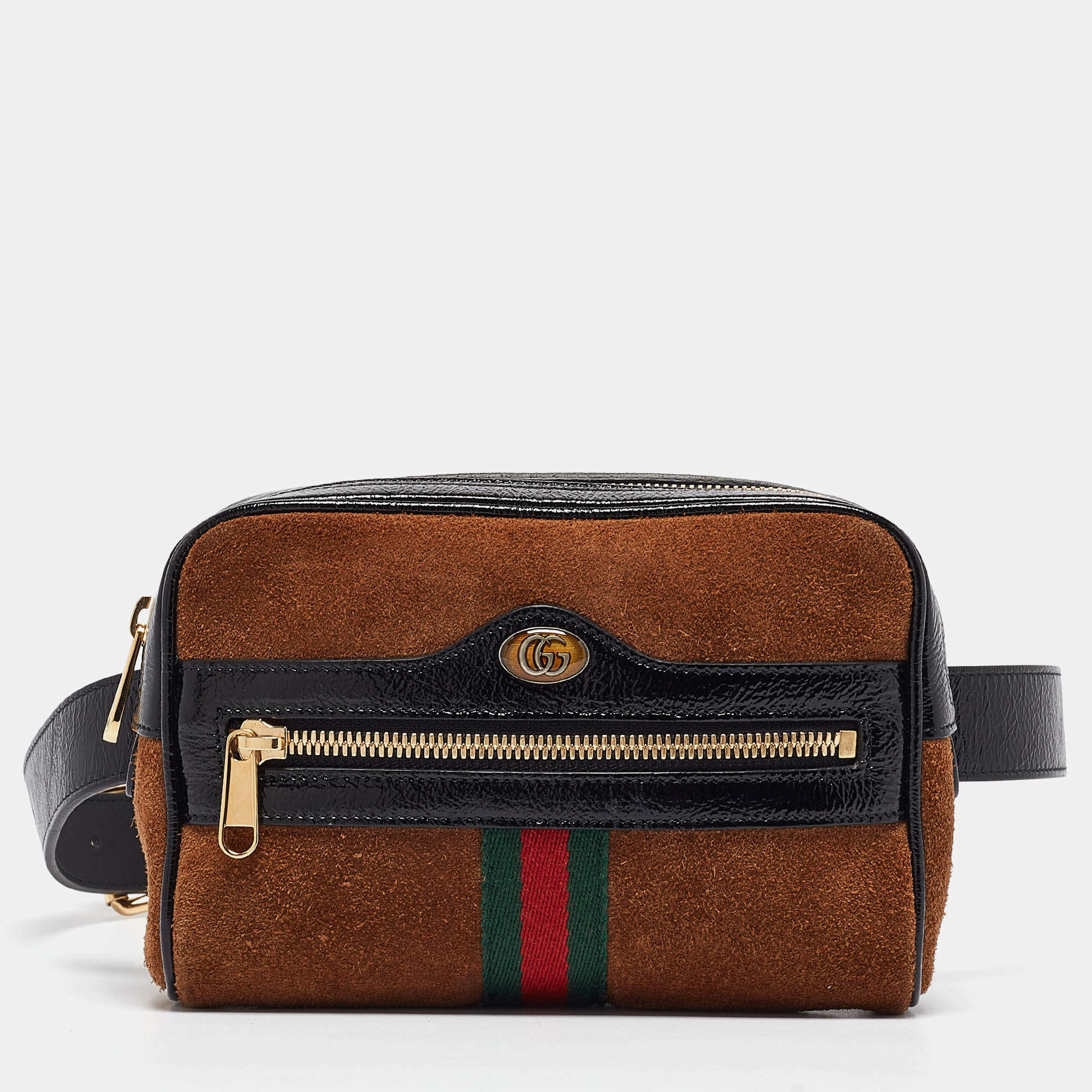 Pre Owned Gucci Black/Brown Suede and Patent Leather Ophidia Belt Bag