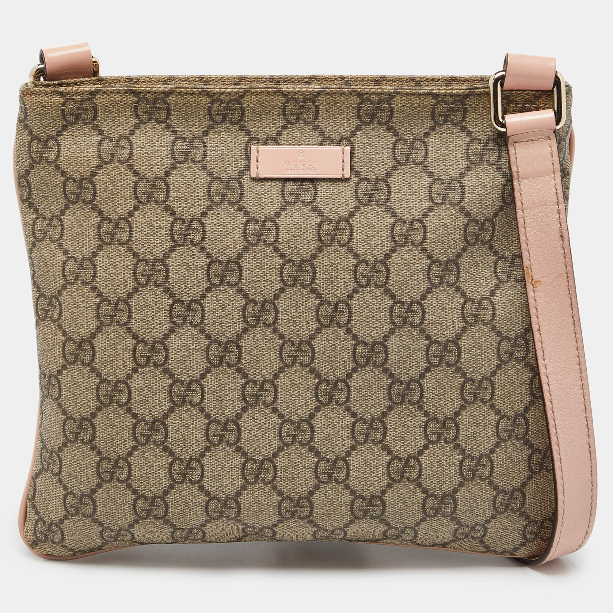 Pre Owned Gucci Beige/Pink GG Supreme Canvas and Patent Leather Crossbody Bag