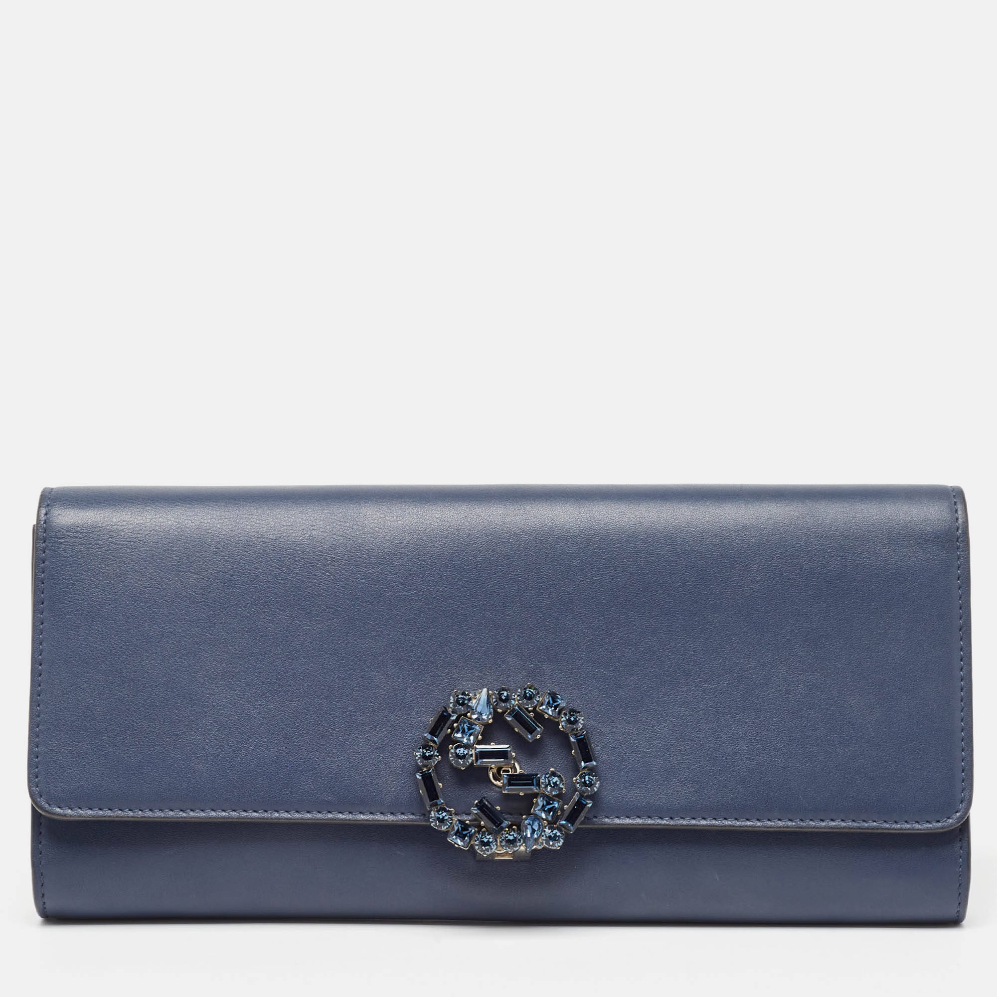 Pre Owned Gucci Dark Blue Leather GG Crystals Broadway Clutch