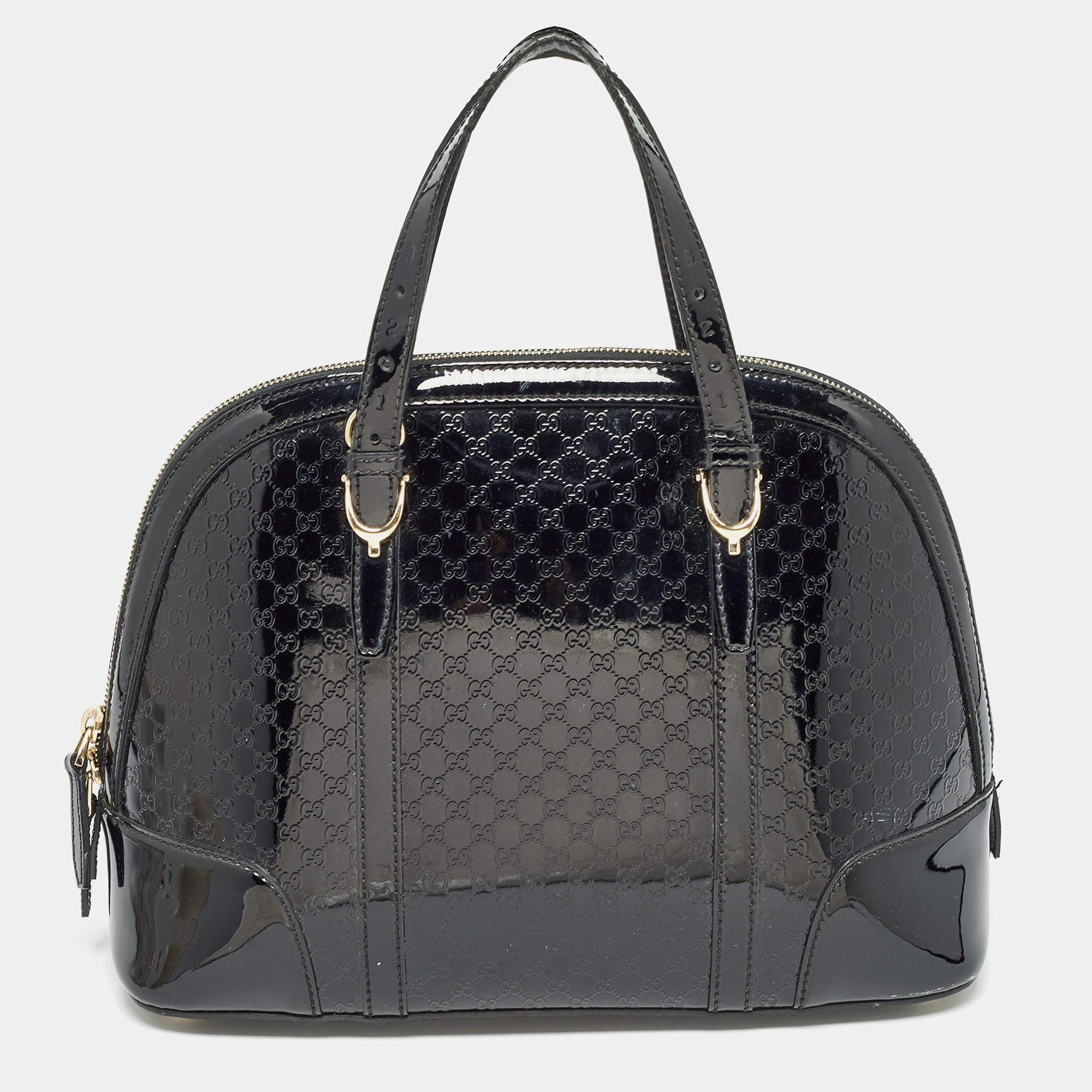 Pre Owned Gucci Black Micro Guccissima Patent Leather Nice Dome Satchel