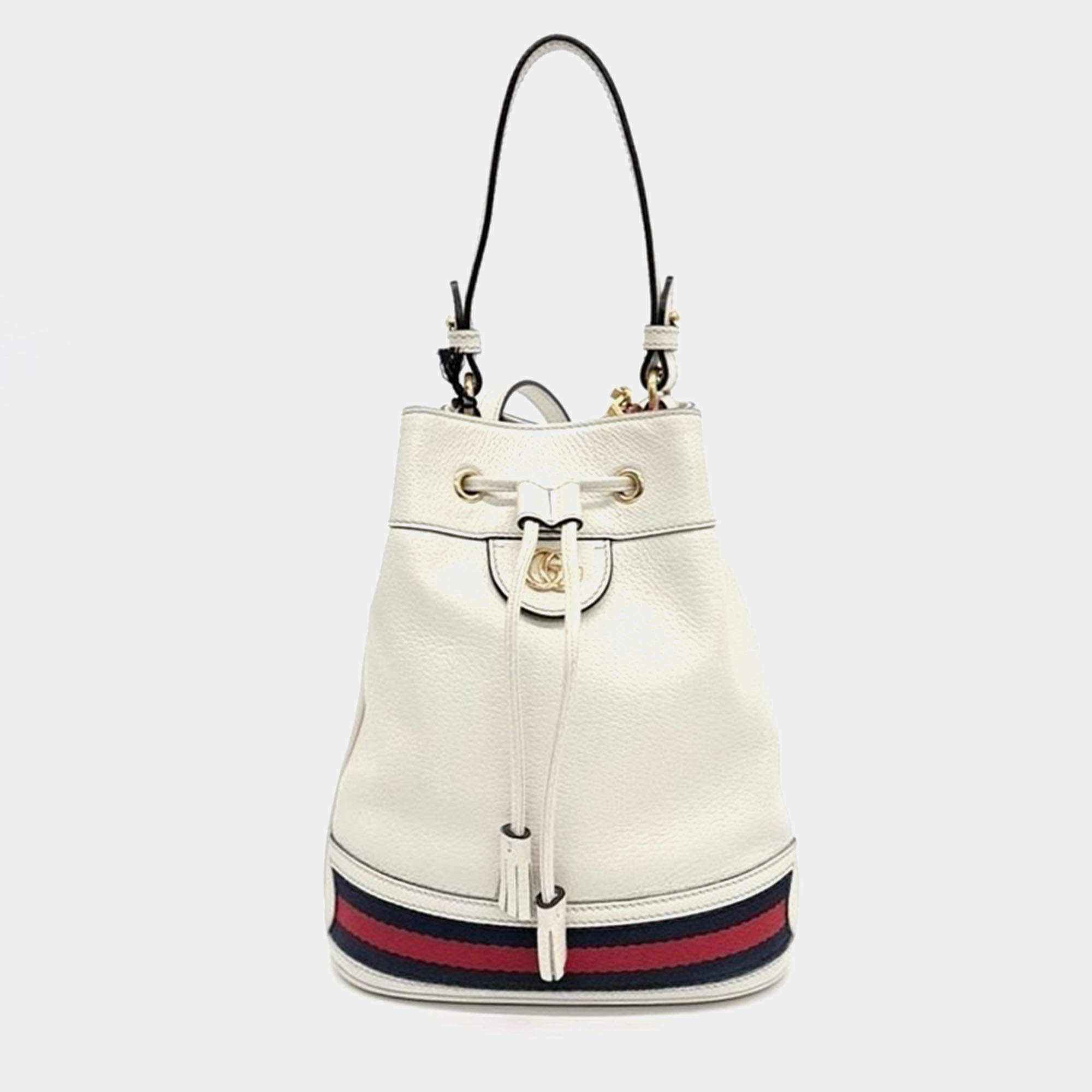 مملوكة مسبقًا Gucci Ivory/Navy Blue/Red Leather Ophidia Small Bucket Bag