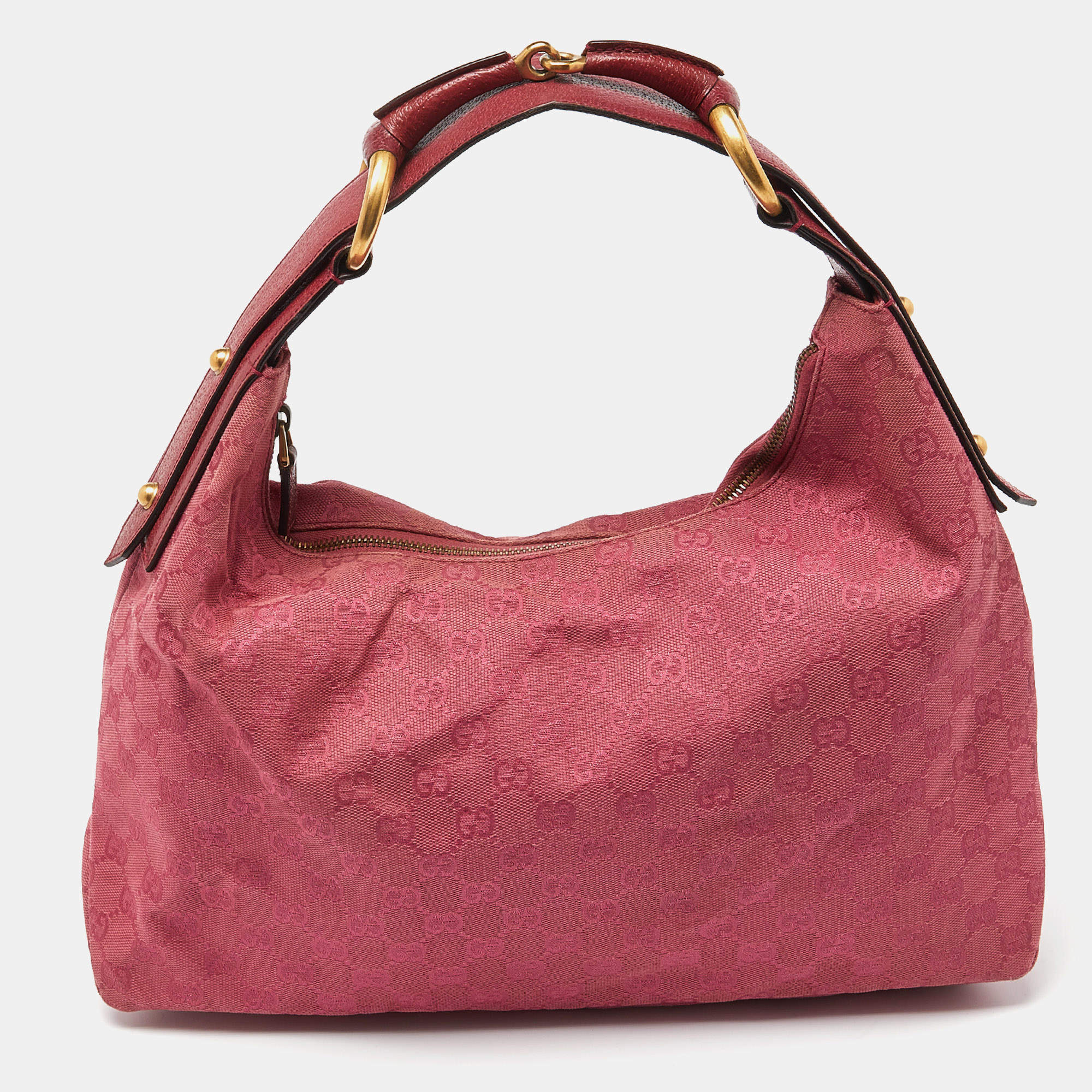 Pre Owned Gucci Pink GG Canvas and Leather Horsebit Handle Hobo