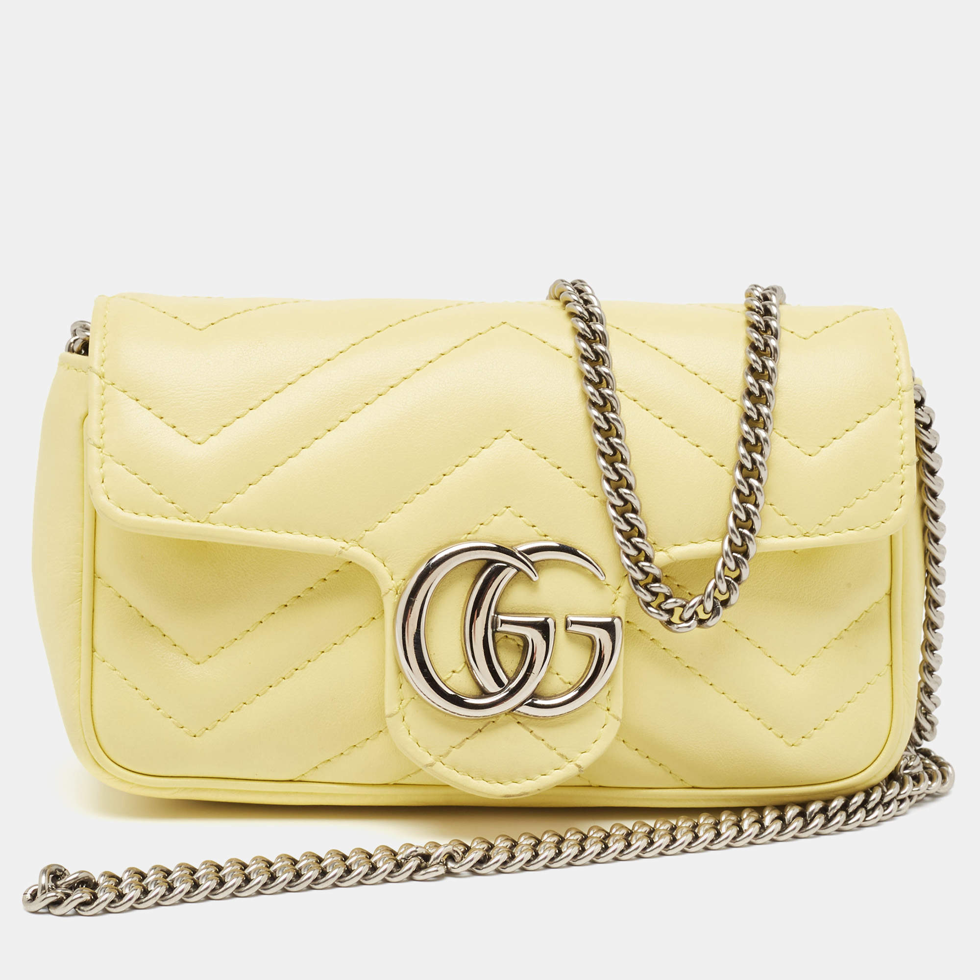 Pre Owned Gucci Yellow Matelassé Leather Super Mini GG Marmont Shoulder Bag
