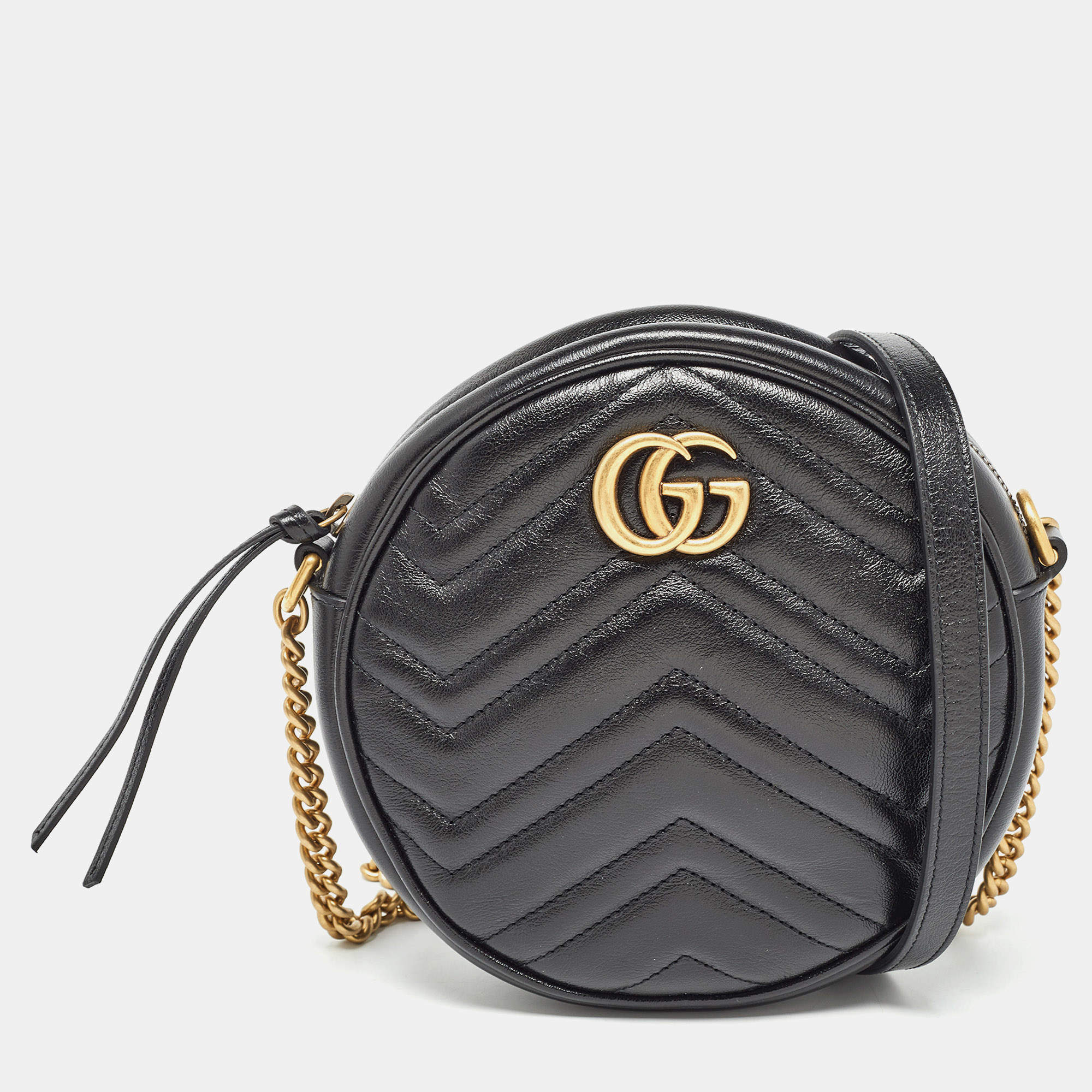 Pre Owned Gucci Black Matelassé Leather Mini GG Marmont Round Shoulder Bag
