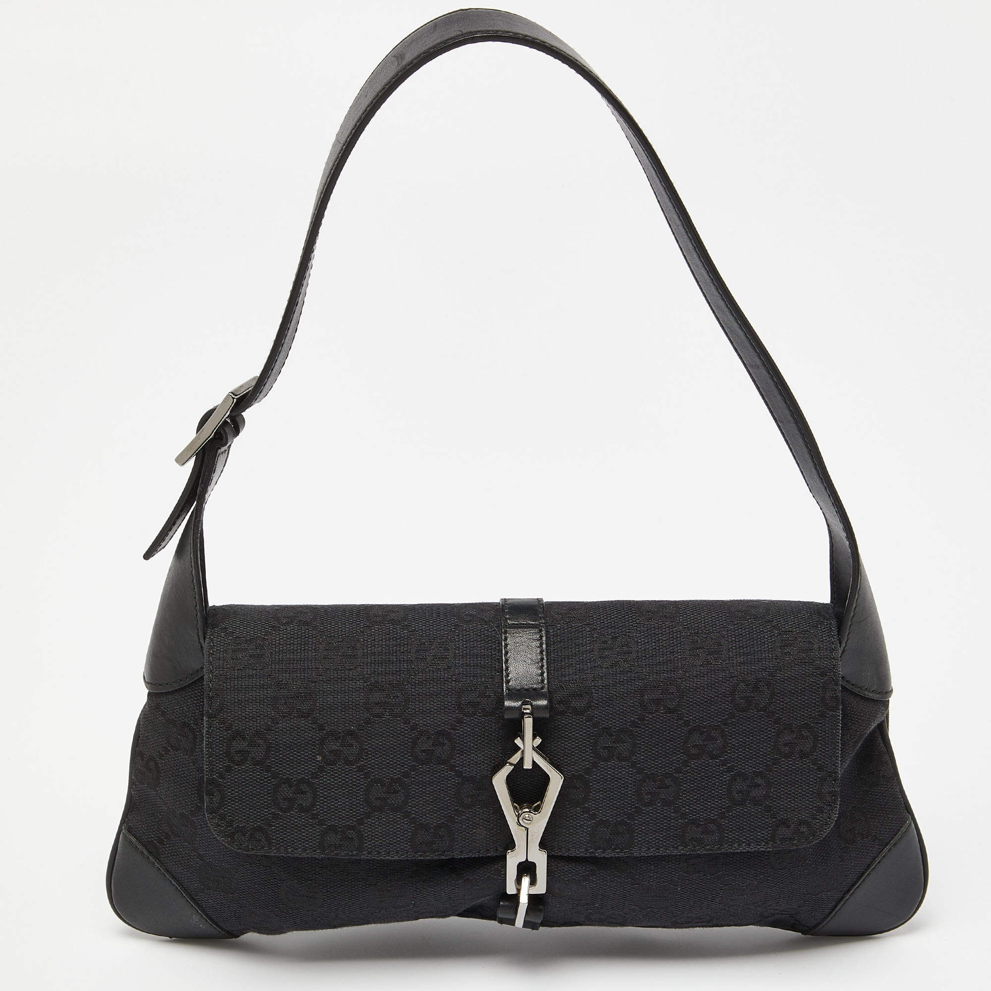 مملوكة مسبقًا Gucci Black GG Canvas and Leather Jackie O Hobo