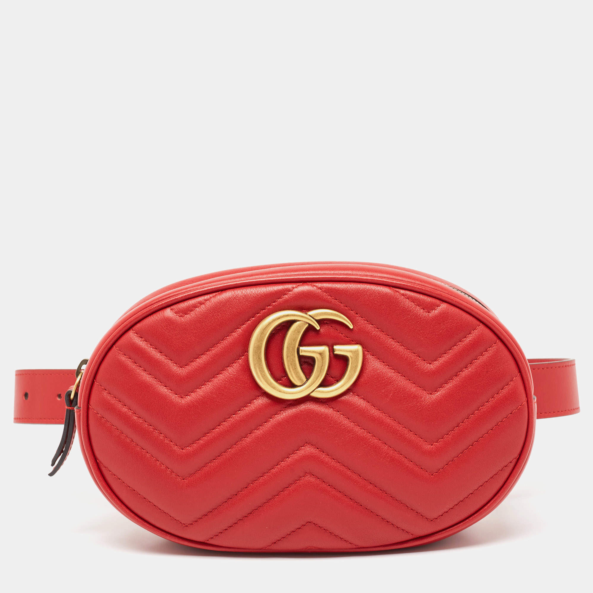 Pre Owned Gucci Red Matelassé Leather GG Marmont Belt Bag