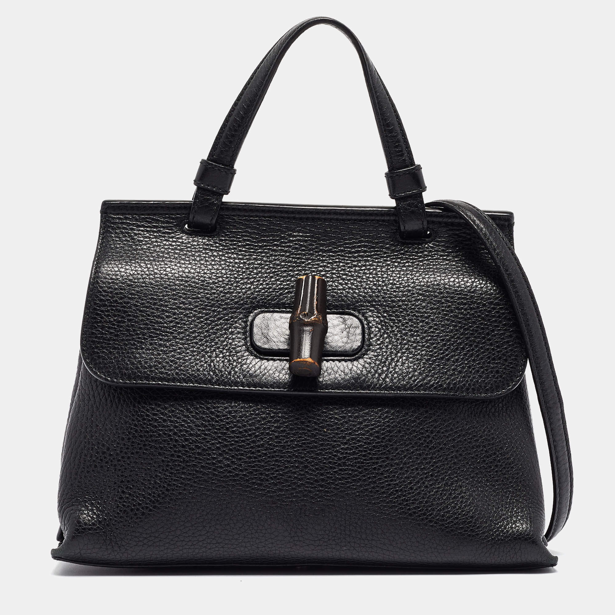 Pre Owned Gucci Black Leather Small Bamboo Daily Top Handle Bag