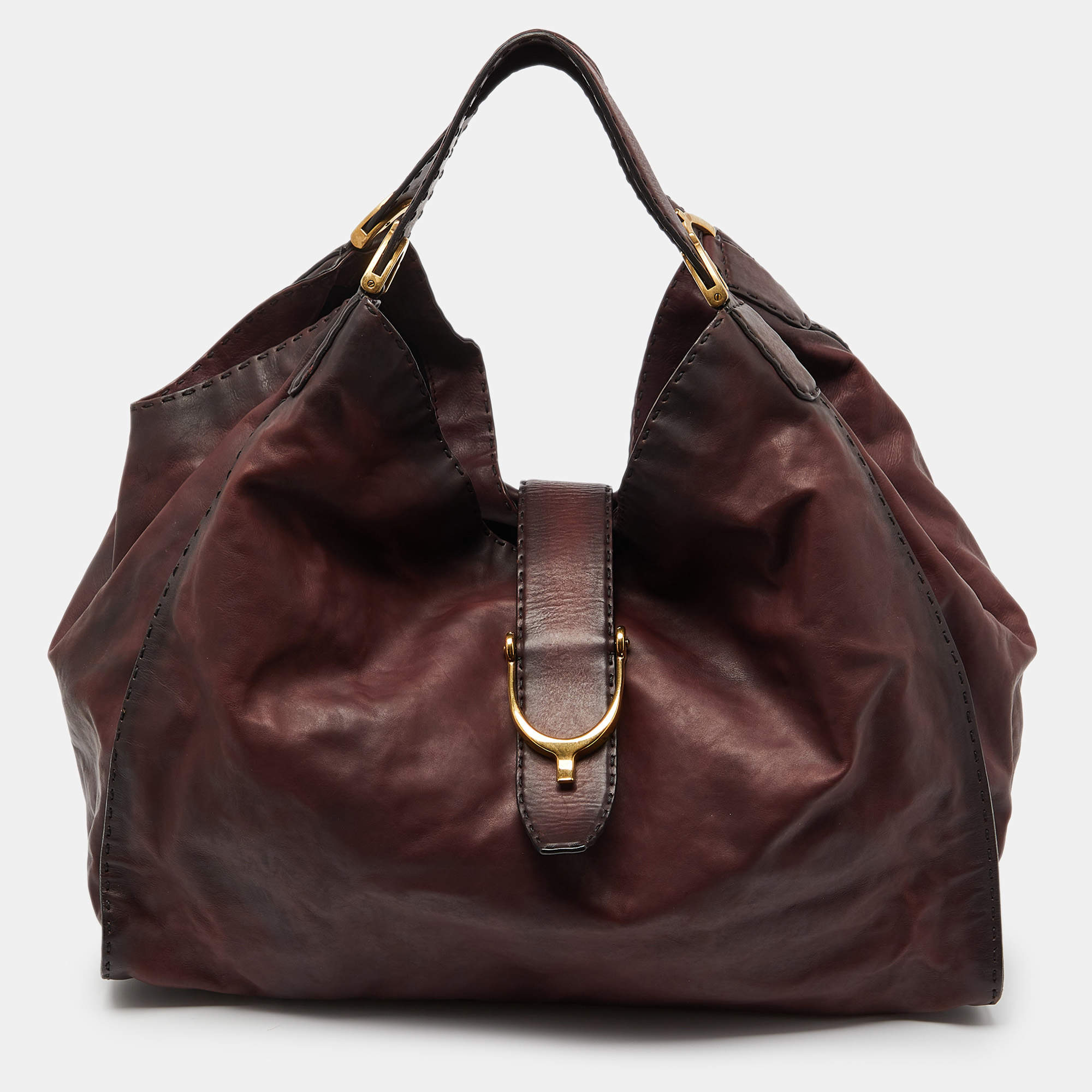 مملوكة مسبقًا Gucci Two Tone Burgundy Leather Stirrup Shoulder Bag