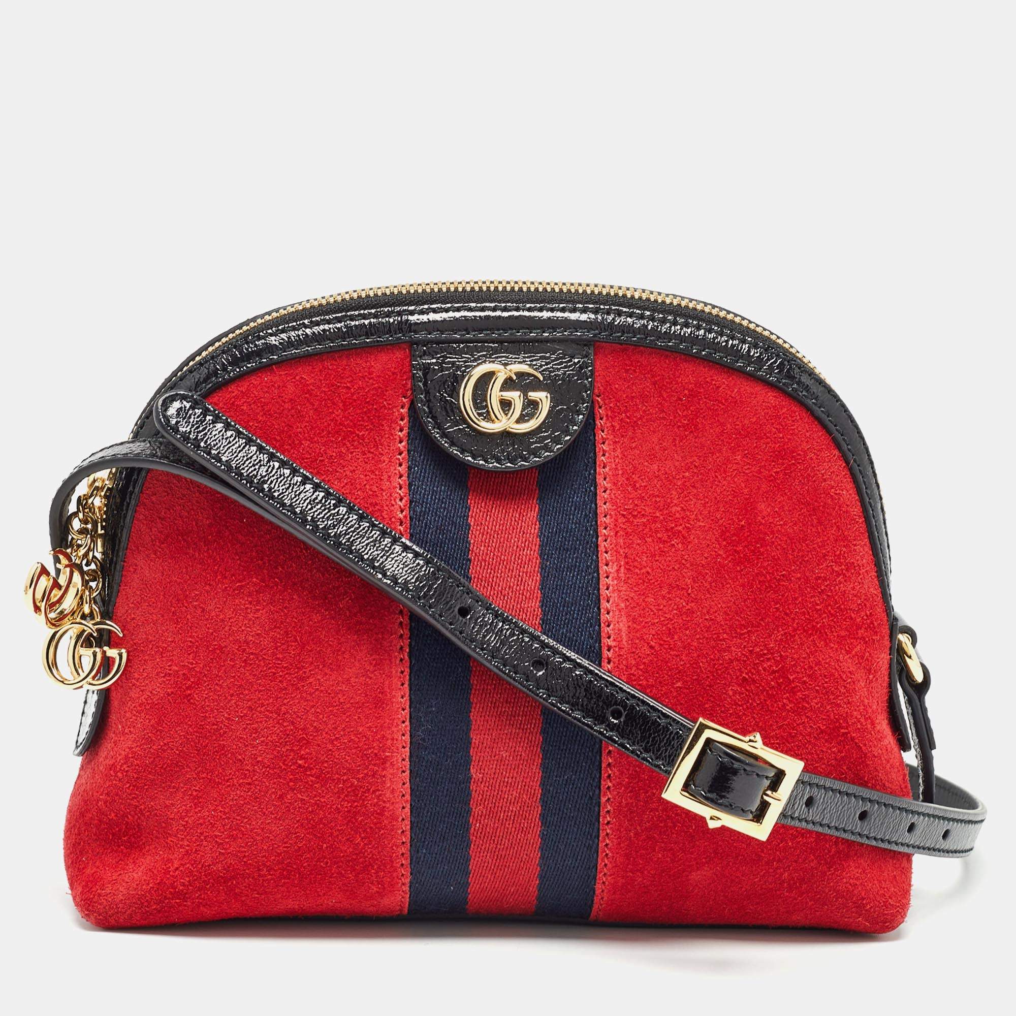 Pre Owned Gucci Red/Black Suede and Patent Leather Small  Ophidia Shoulder Bag