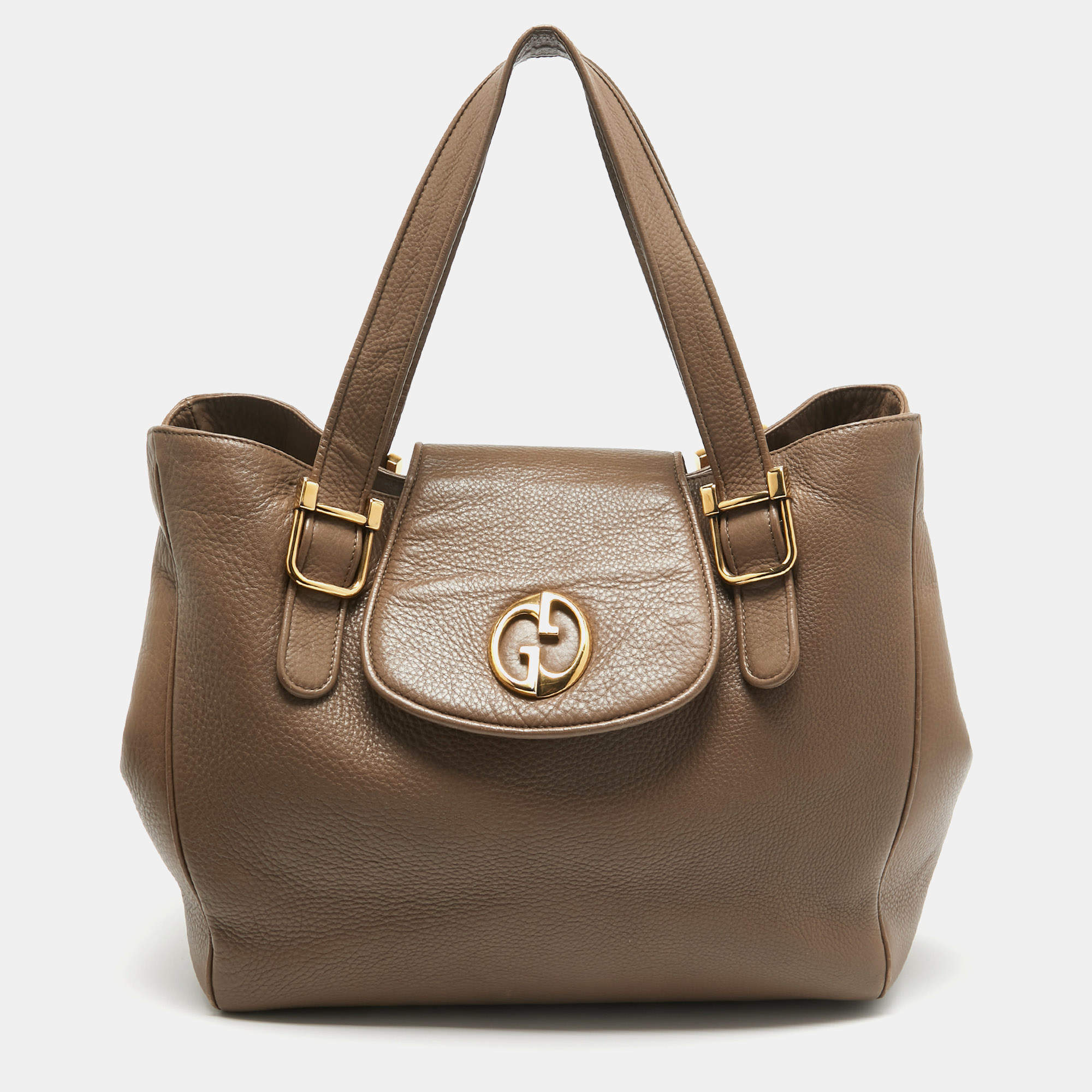 Pre Owned Gucci Beige Leather 1973 Flap Tote