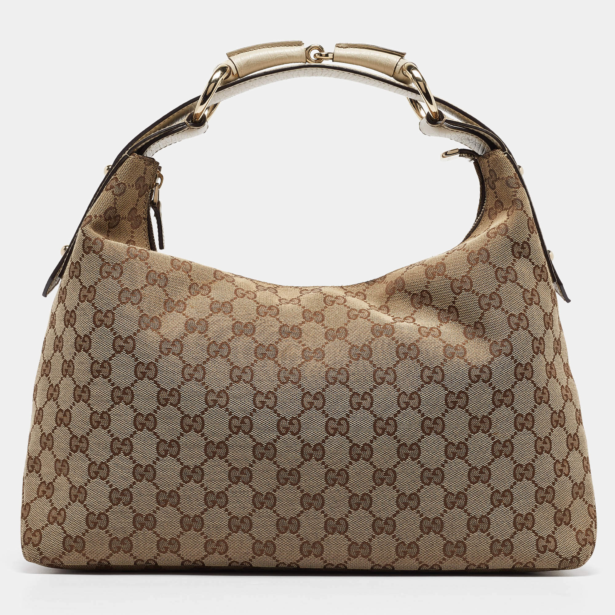 Pre Owned Gucci White/Beige GG Canvas Medium Horsebit Hobo