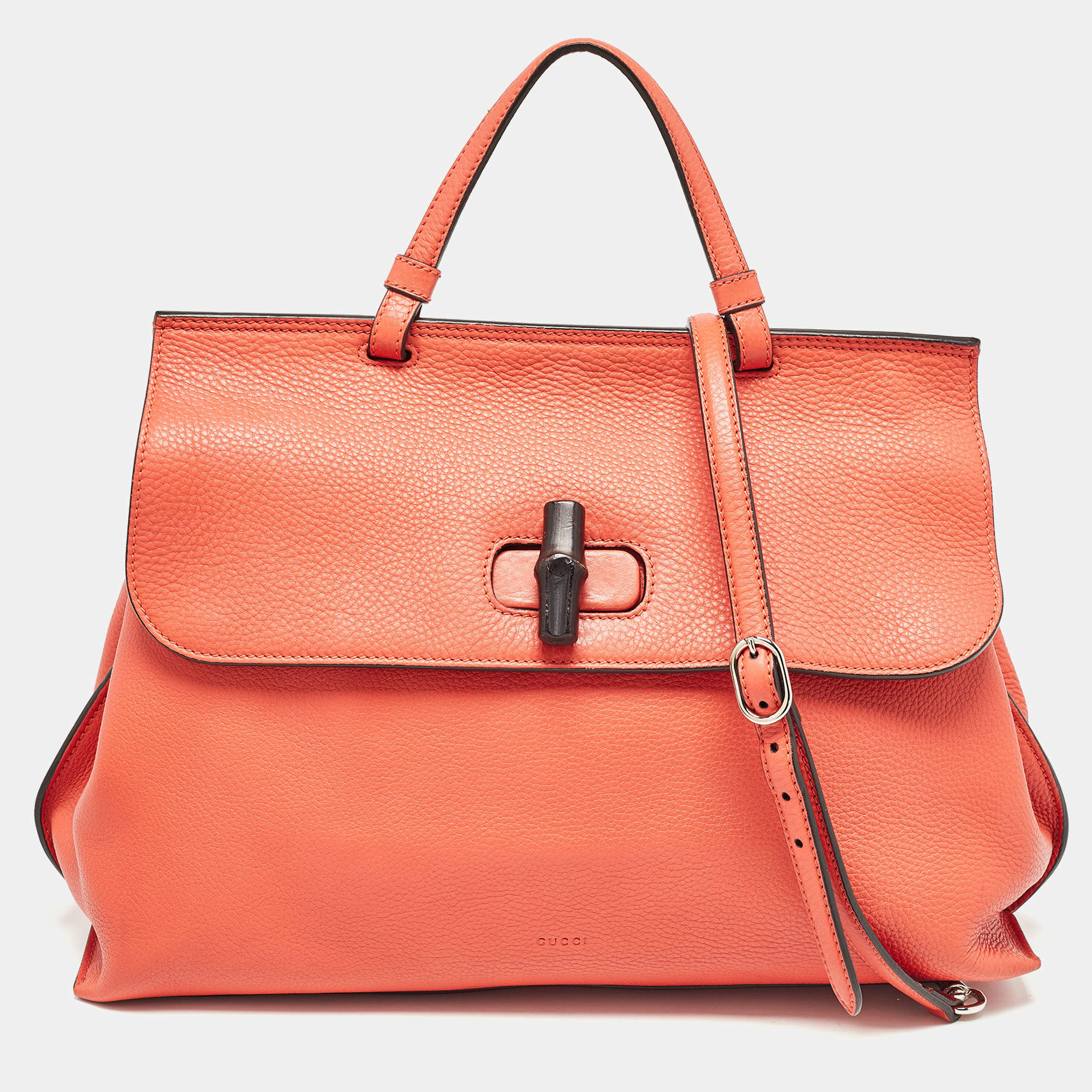 Pre Owned Gucci Orange Leather Large Bamboo Daily Top Handle Bag