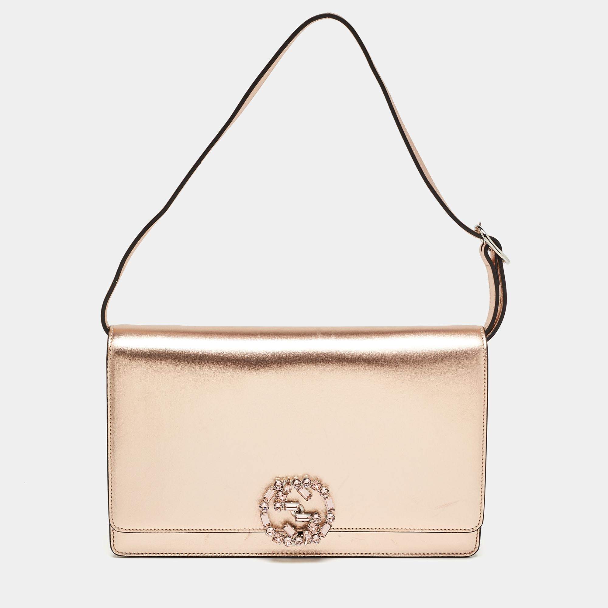 مملوكة مسبقًا Gucci Rose Gold Leather Crystals Broadway Clutch Bag