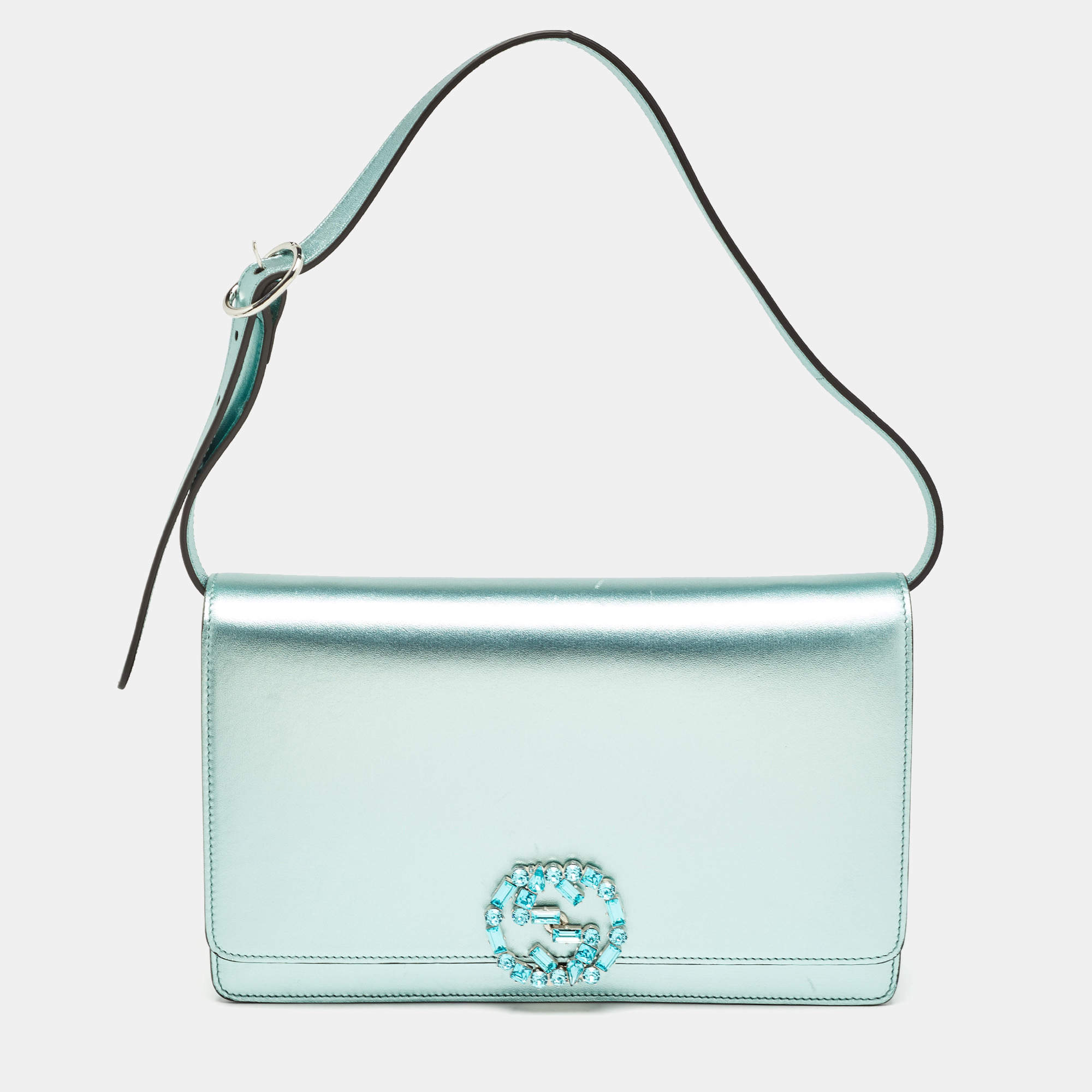 مملوكة مسبقًا Gucci Metallic Mint Green Leather Crystals Broadway Clutch Bag