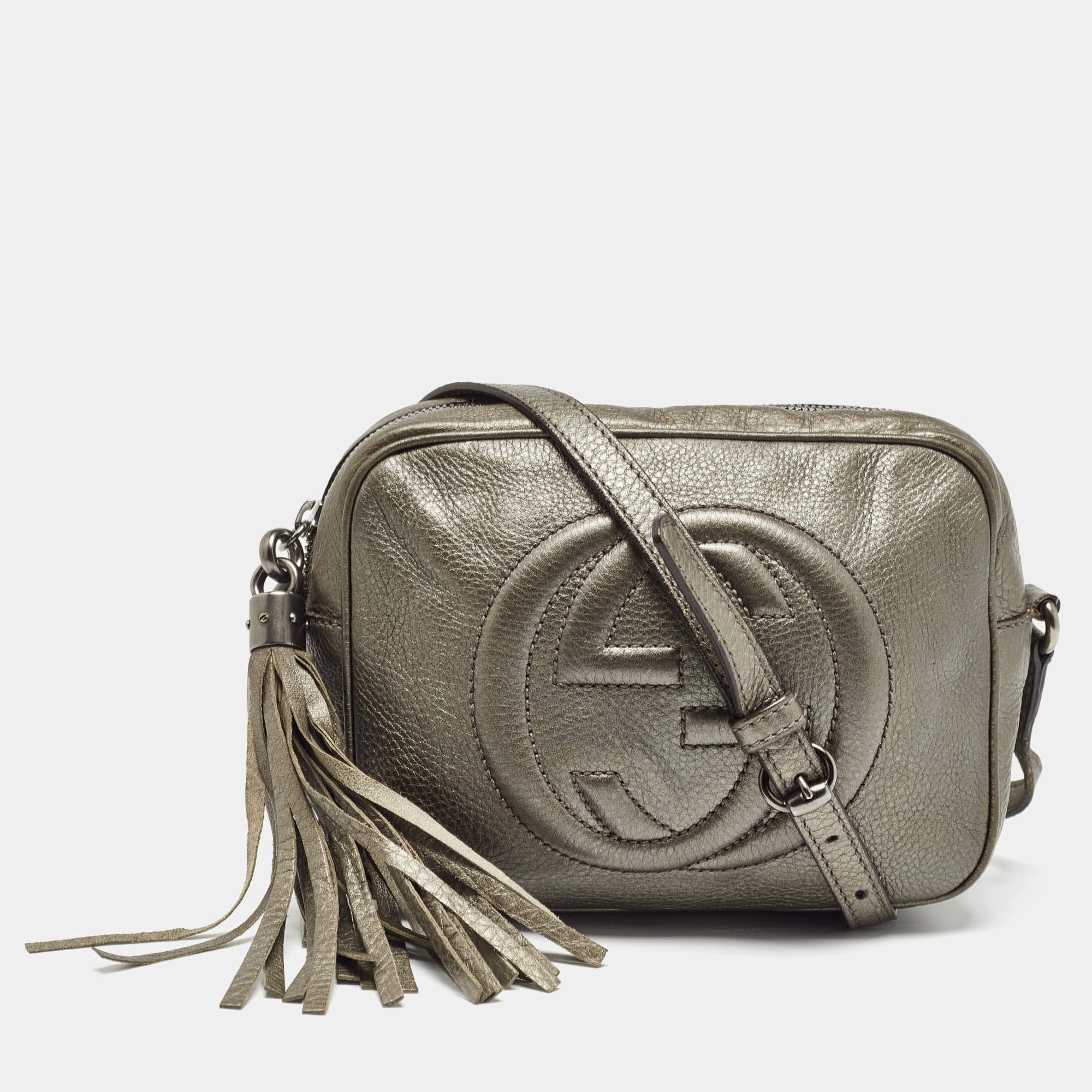 Gucci Metallic Grey Leather Small Soho Disco Crossbody Bag