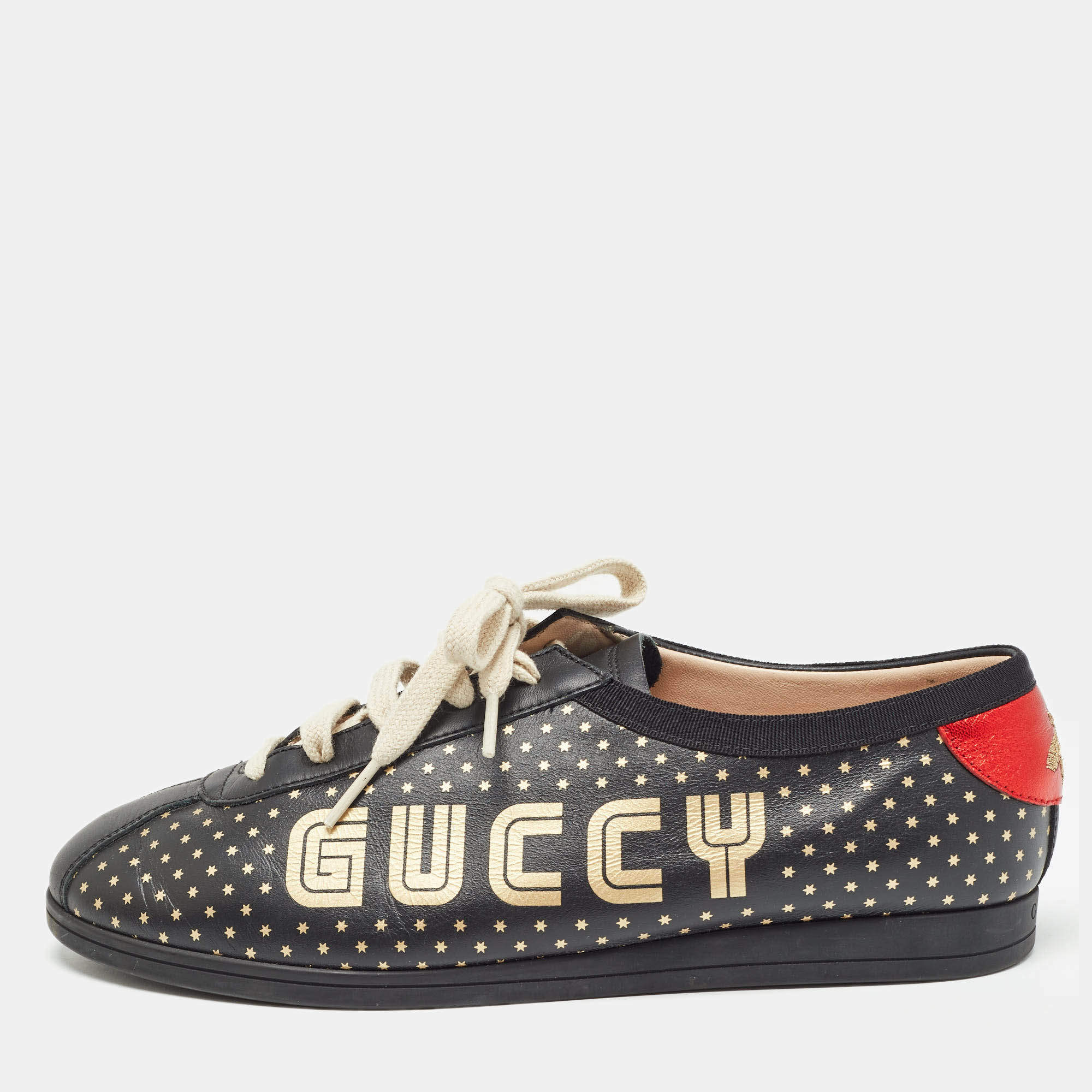 Pre Owned Gucci Black Leather Guccy Stars Falacer Sneakers Size 38
