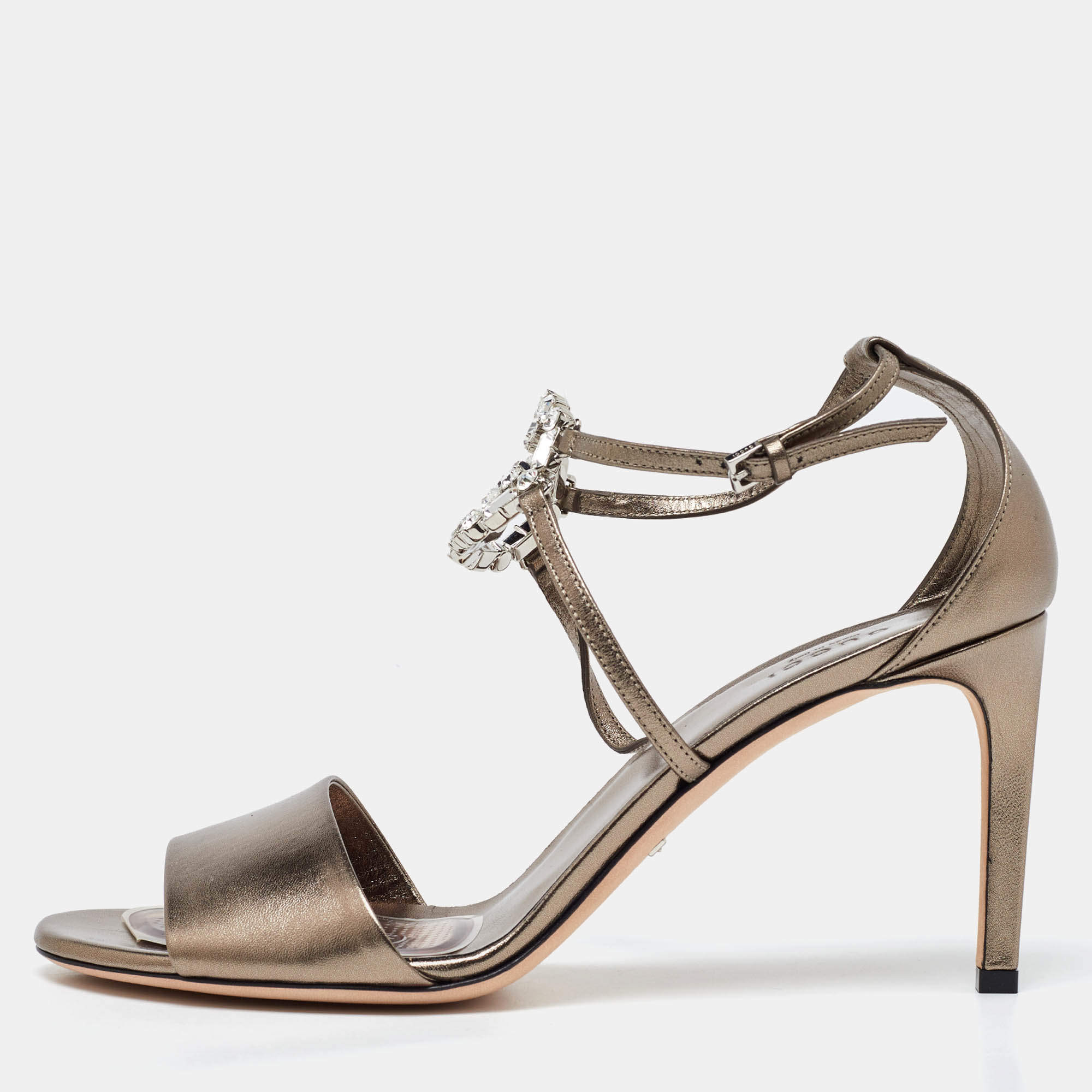 Gucci Metallic Leather Crystal Embellished Interlocking G Ankle Strap Sandals Size 40.5