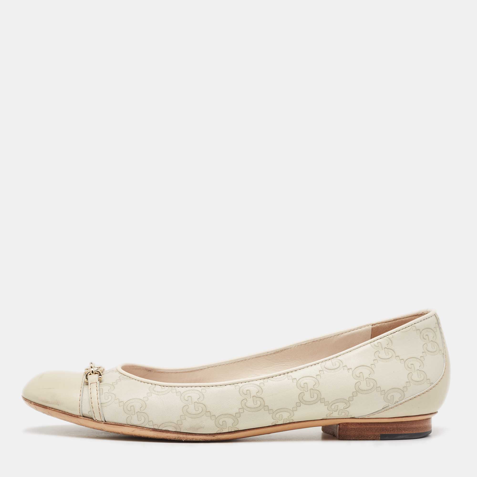 Gucci Cream Monogram Leather Cap Toe Ballet Flats Size 38