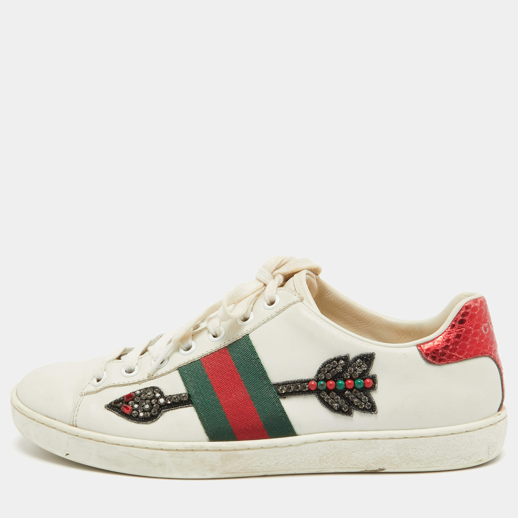 Gucci White Leather Embellished Arrow Ace Sneakers Size 37