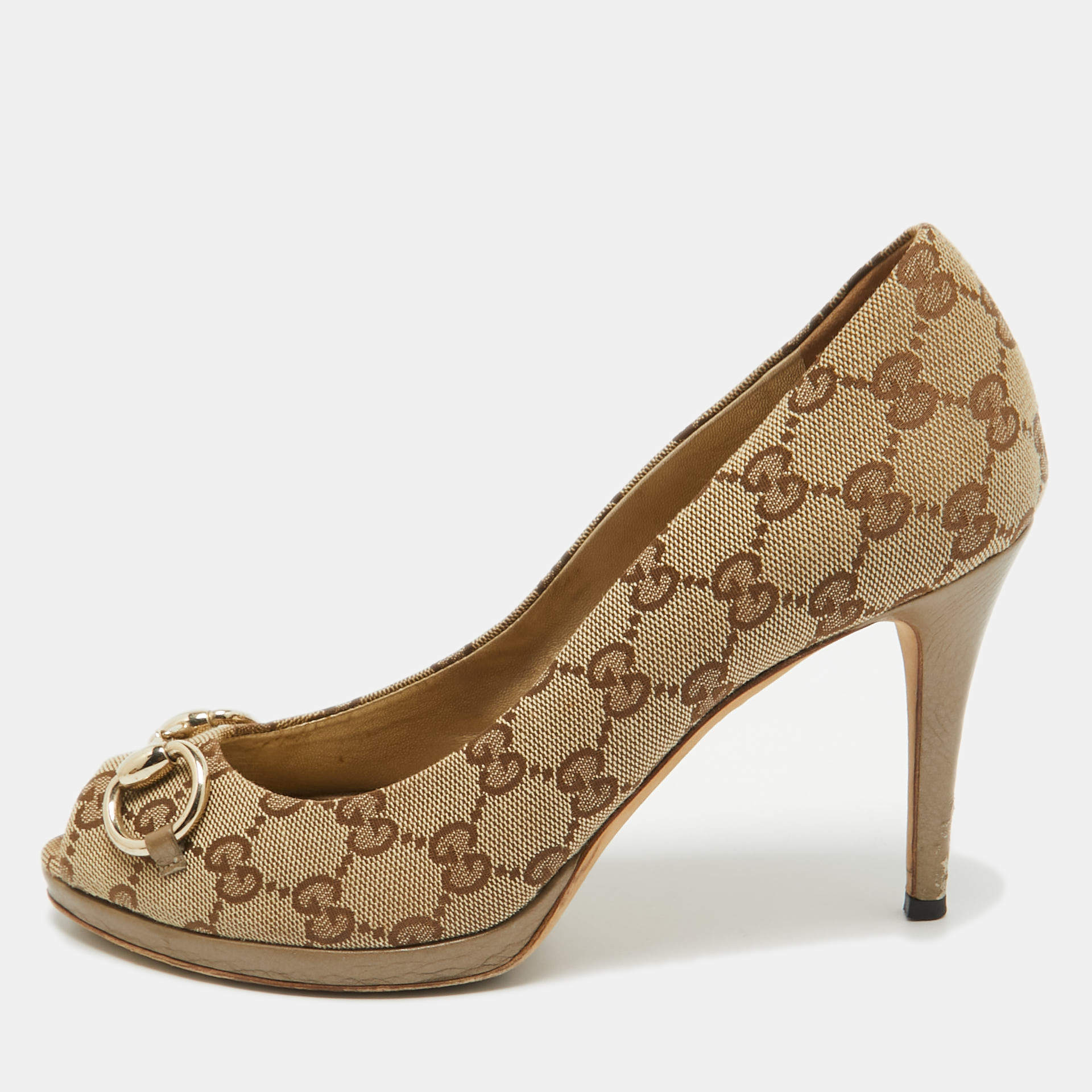 Gucci Beige GG Canvas and Leather Peep Toe Pumps Size 39